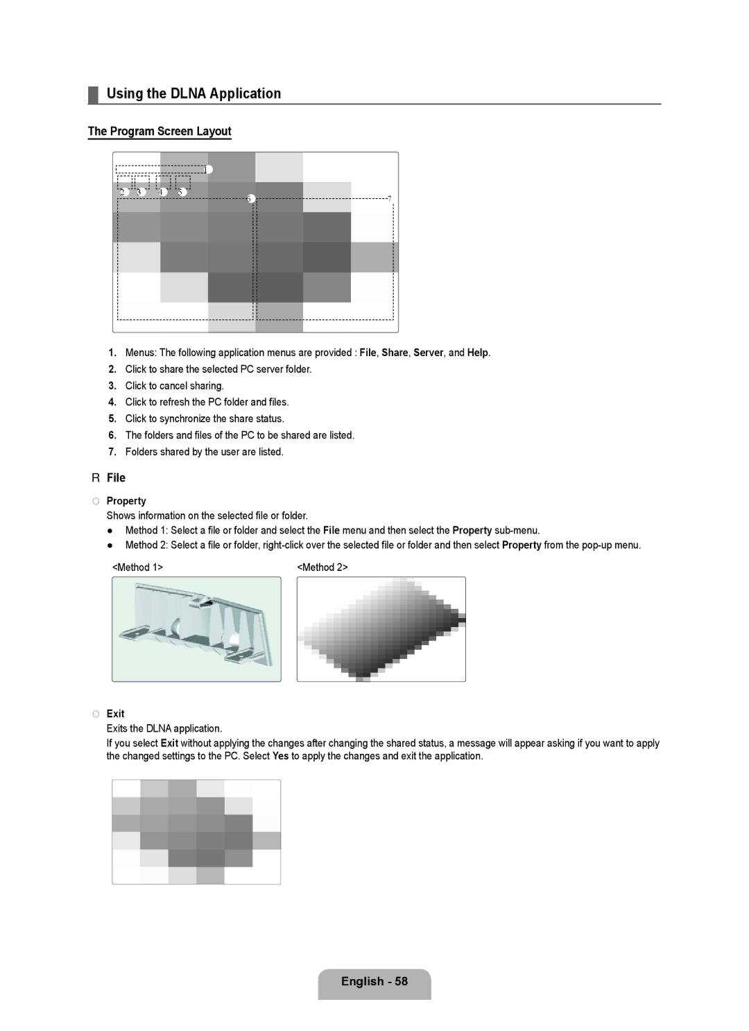 Samsung UNB7000, Series L7, UN0B7000 user manual Using the Dlna Application, Program Screen Layout, File, Property, Exit 