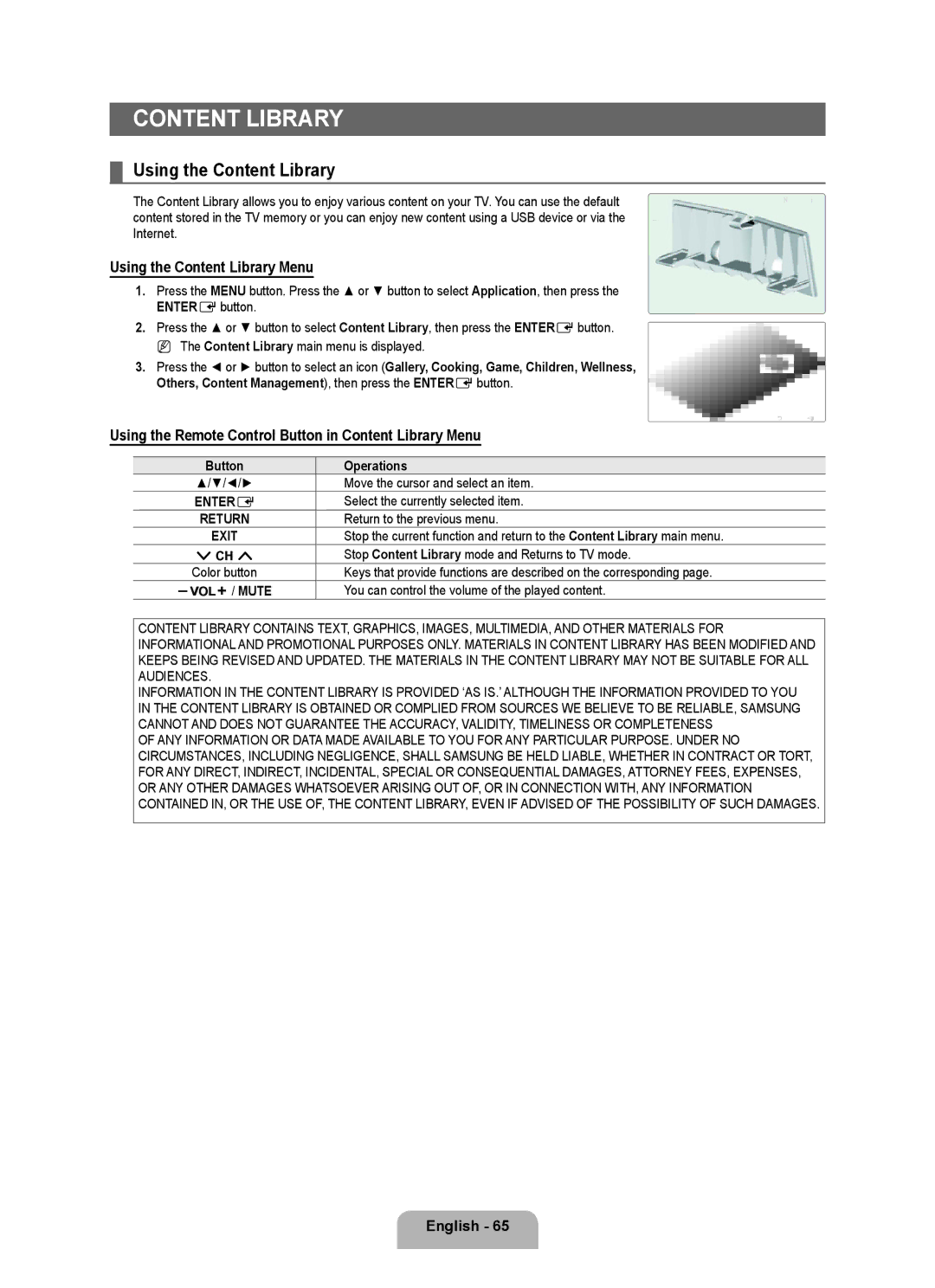 Samsung UN0B7000 Using the Content Library Menu, Using the Remote Control Button in Content Library Menu, Mute 