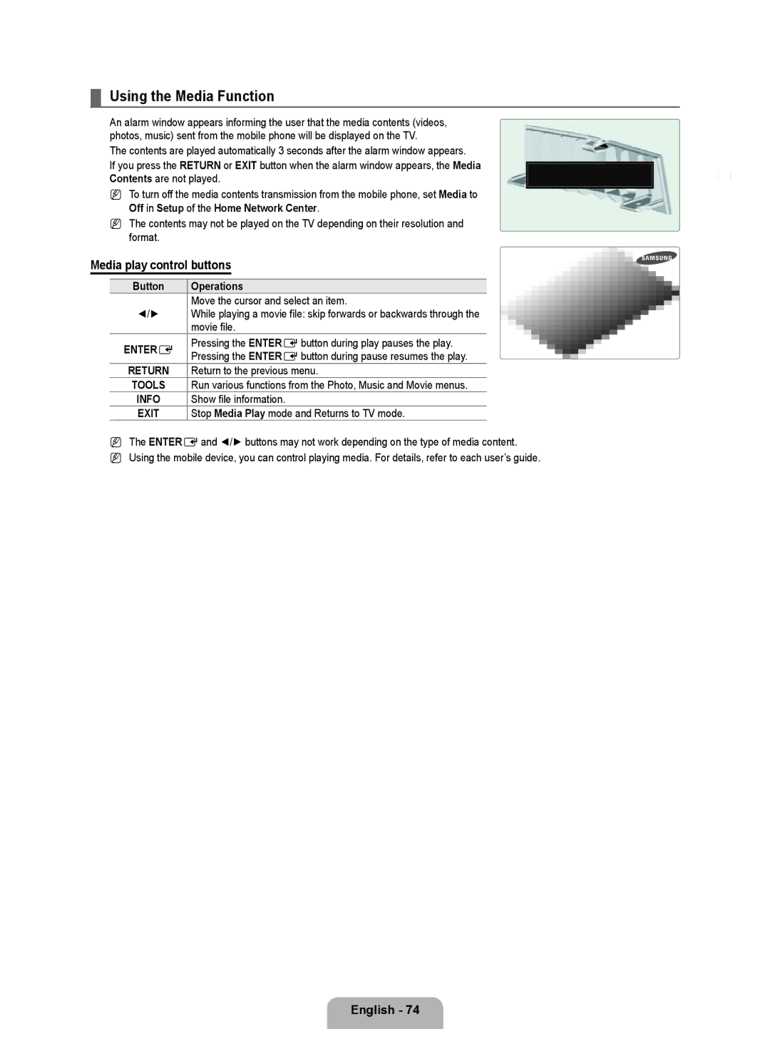 Samsung UNB7000, Series L7 Using the Media Function, Media play control buttons, Movie file, Media will be played from 