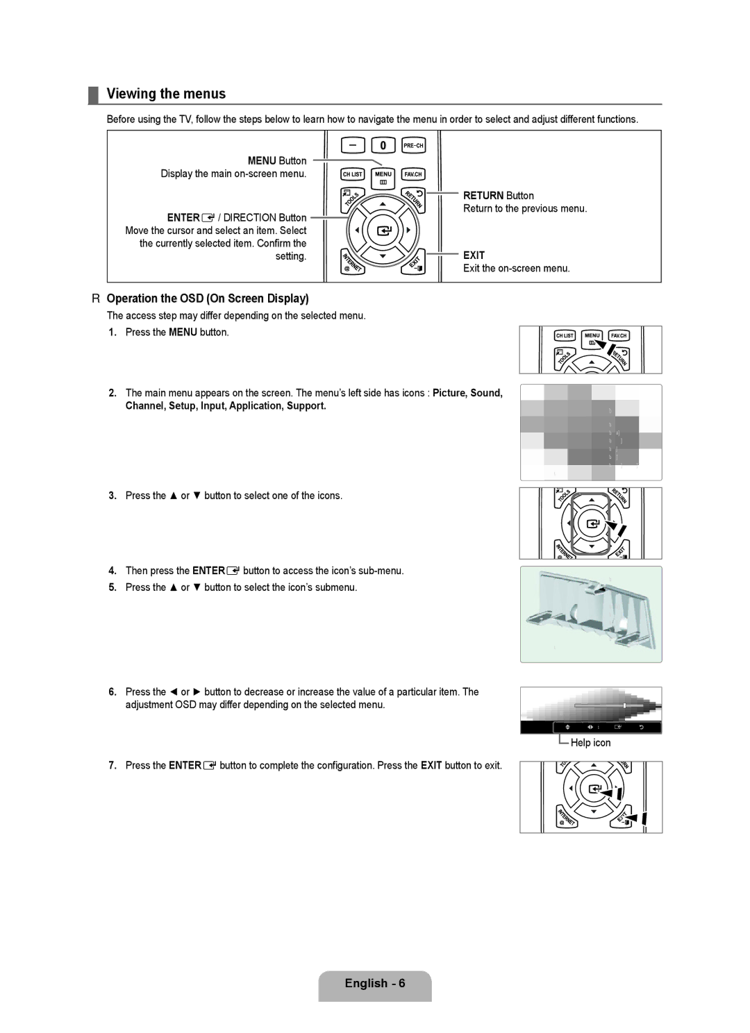 Samsung UNB7000, Series L7, UN0B7000 user manual Viewing the menus, Operation the OSD On Screen Display, Return Button 