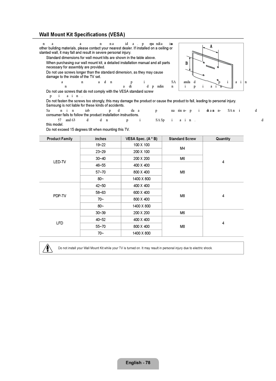 Samsung UNB7000, Series L7, UN0B7000 user manual Wall Mount Kit Specifications Vesa, Lfd 