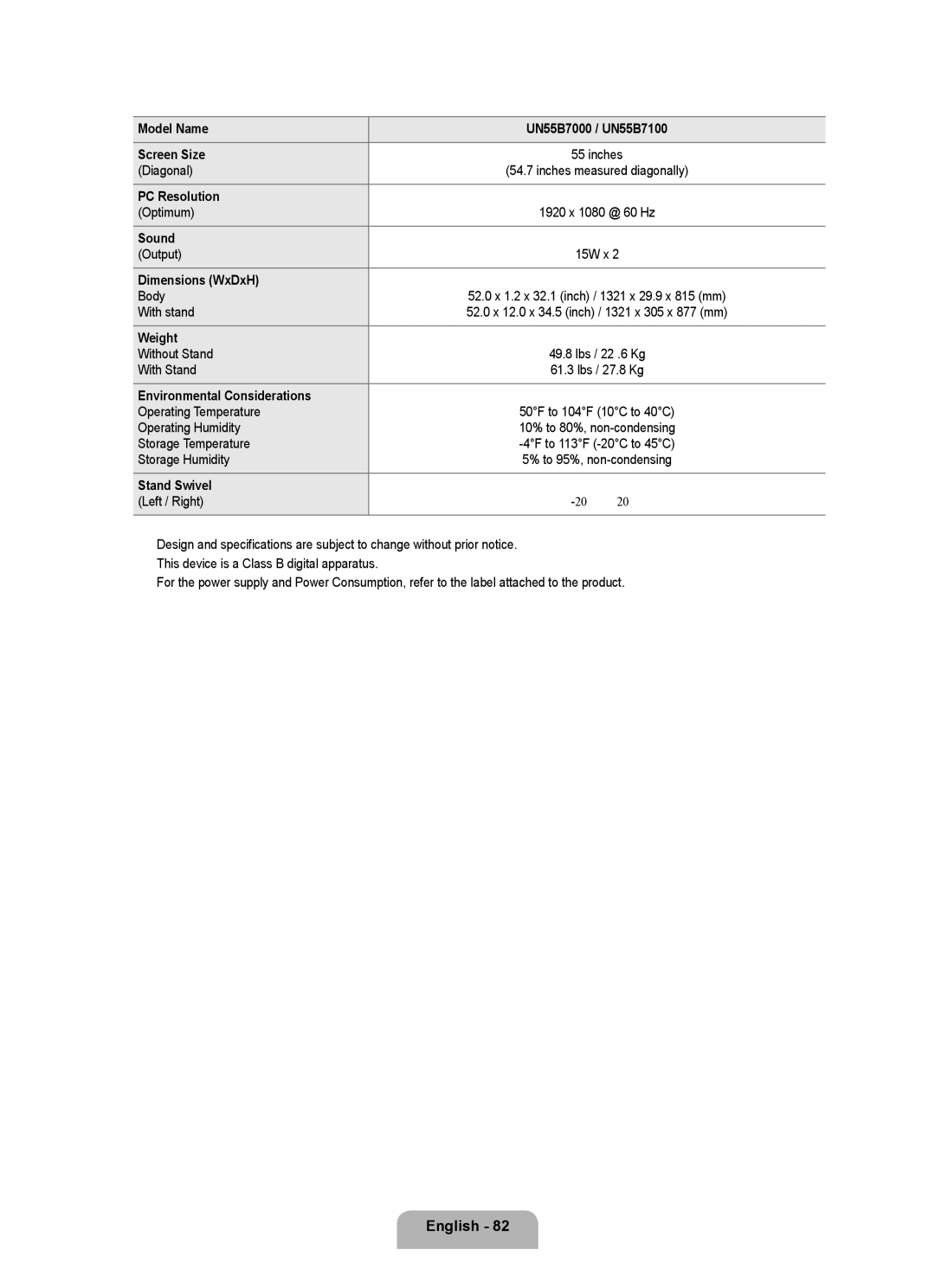 Samsung UNB7000, Series L7, UN0B7000 user manual Model Name UN55B7000 / UN55B7100 Screen Size 