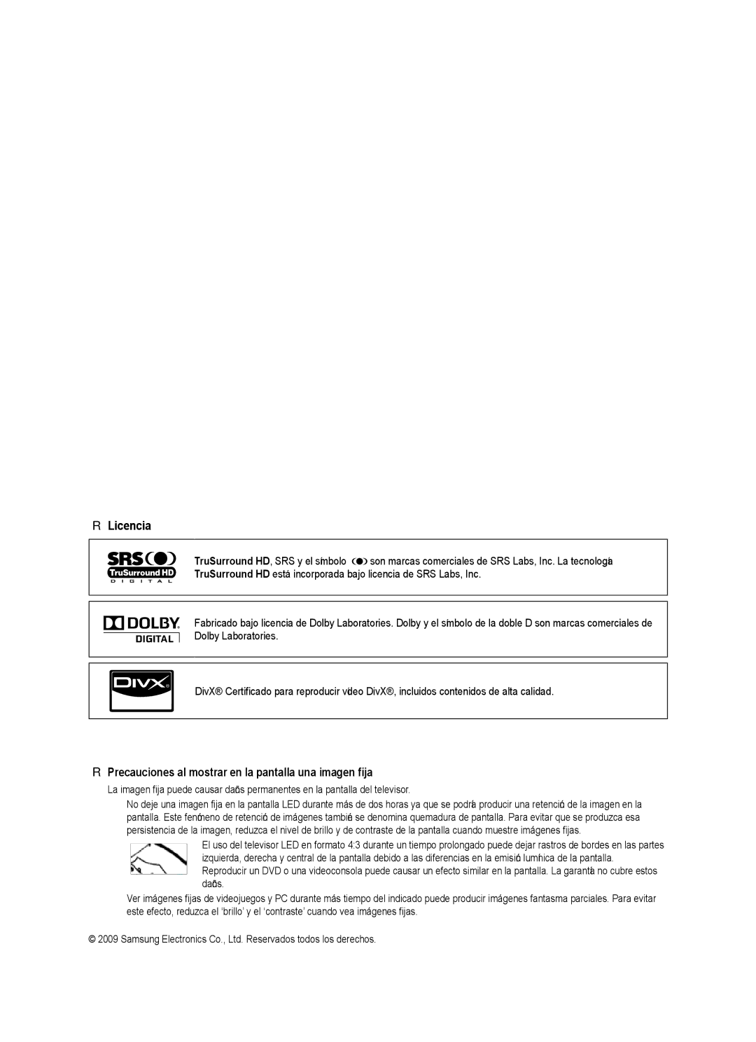 Samsung Series L7, UNB7000, UN0B7000 user manual Licencia, Precauciones al mostrar en la pantalla una imagen fija 