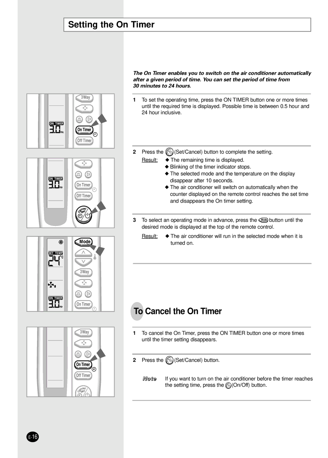 Samsung UPC3240C, APC3240C installation manual Setting the On Timer, To Cancel the On Timer 