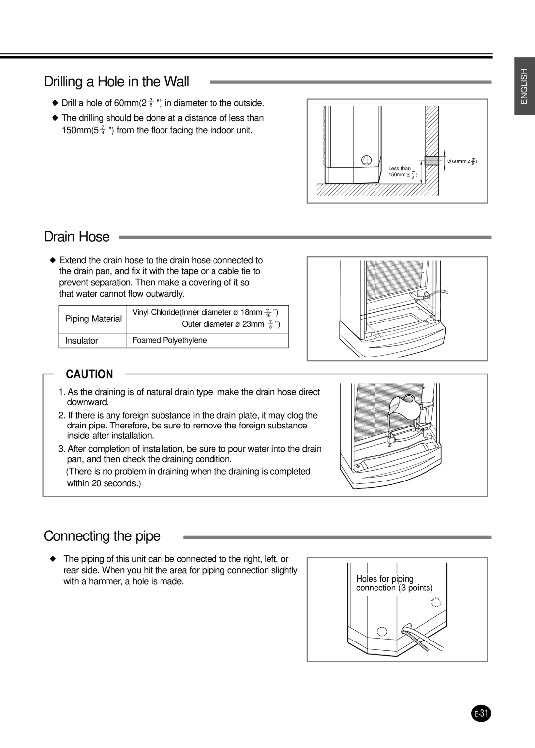 Samsung APC3240C, UPC3240C installation manual Drilling a Hole in the Wall, Drain Hose, Connecting the pipe 