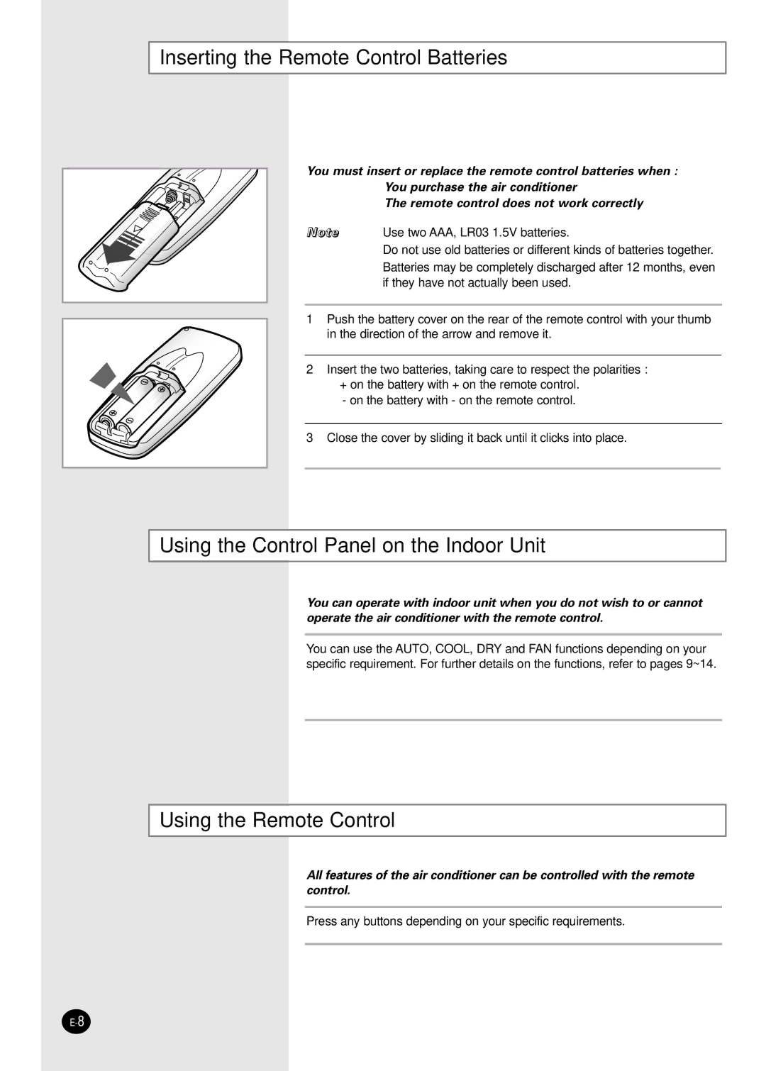 Samsung UPC3240C, APC3240C Inserting the Remote Control Batteries, Using the Control Panel on the Indoor Unit 