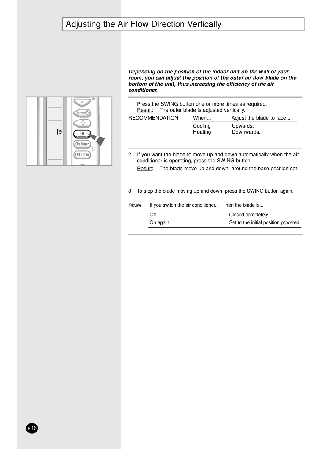 Samsung UQ12A2MD, UQ09A2MD, AQ12A2MD, AQ09A2MD manual Adjusting the Air Flow Direction Vertically, Recommendation 