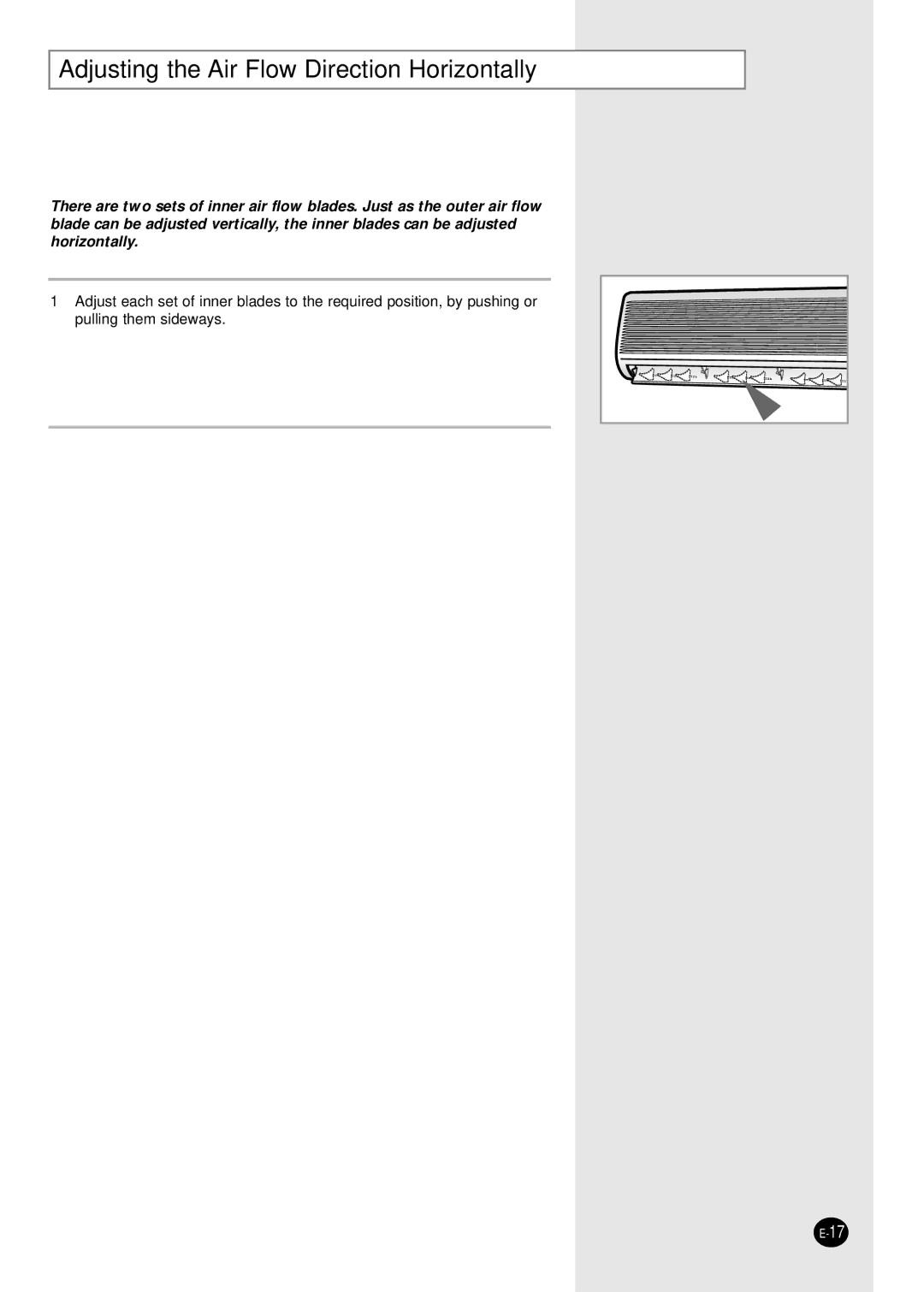 Samsung UQ09A2MD, UQ12A2MD, AQ12A2MD, AQ09A2MD manual Adjusting the Air Flow Direction Horizontally 