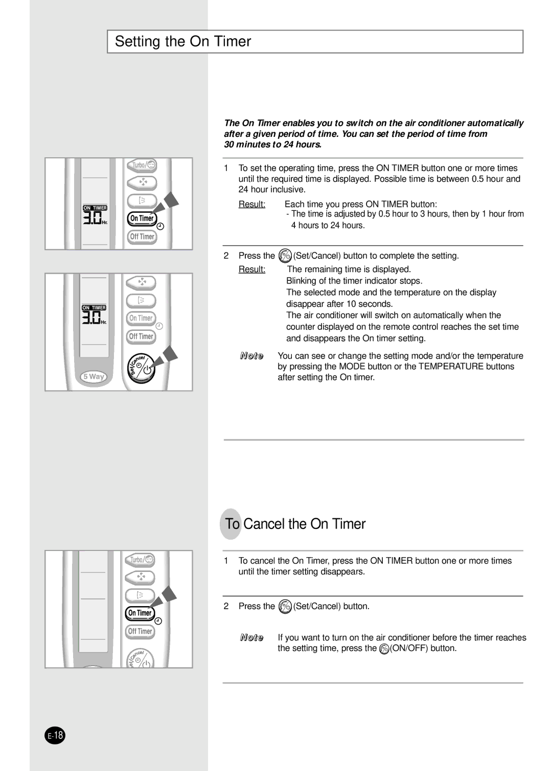 Samsung AQ12A2MD, UQ12A2MD, UQ09A2MD, AQ09A2MD manual Setting the On Timer, To Cancel the On Timer 