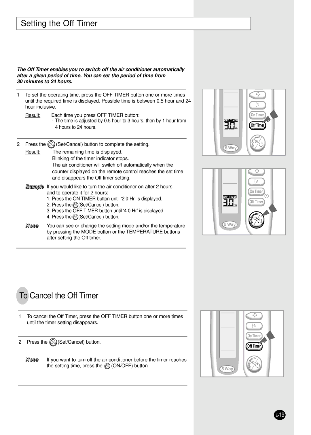 Samsung AQ09A2MD, UQ12A2MD, UQ09A2MD, AQ12A2MD manual Setting the Off Timer, To Cancel the Off Timer 