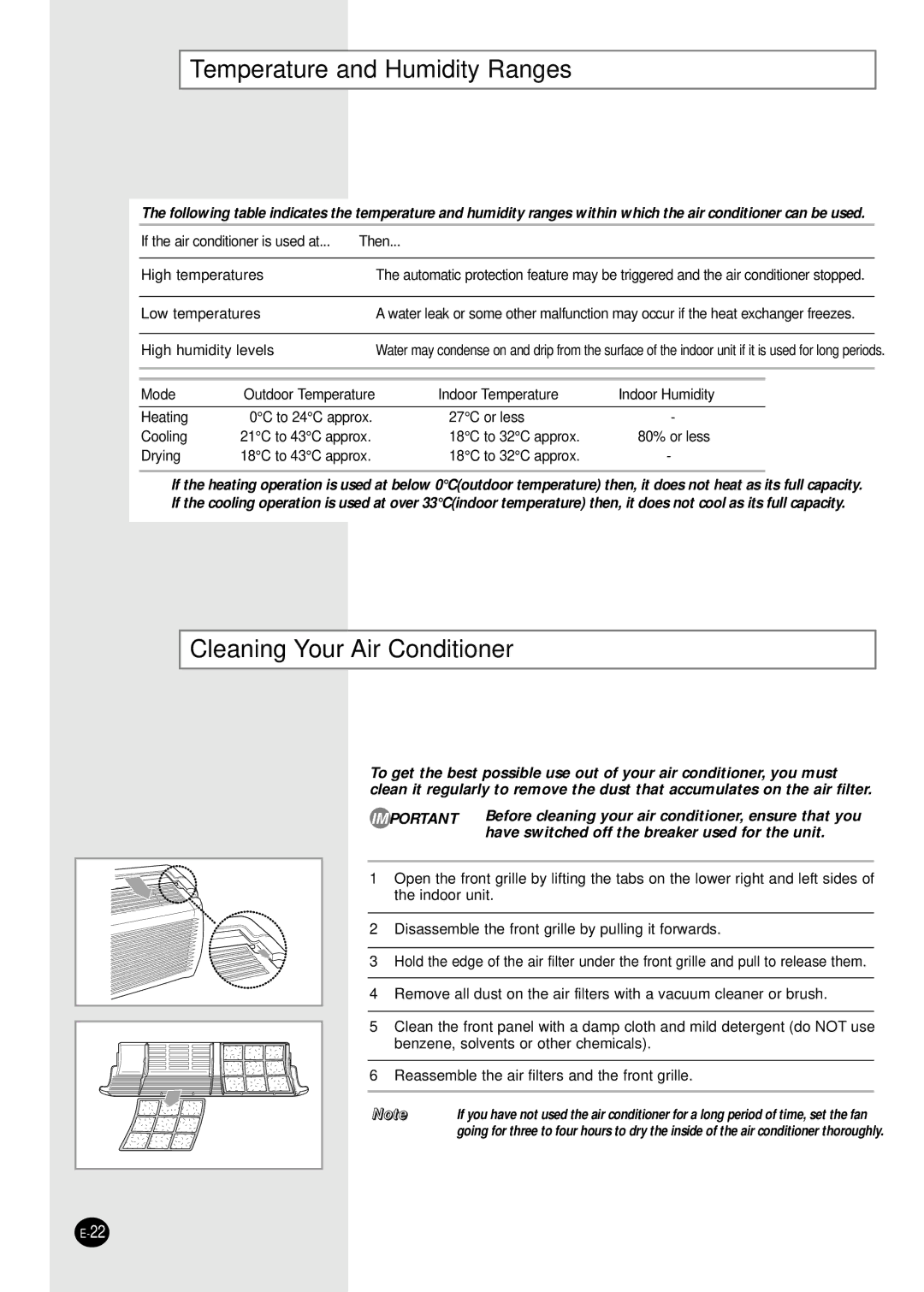 Samsung AQ12A2MD, UQ12A2MD, UQ09A2MD, AQ09A2MD manual Temperature and Humidity Ranges, Cleaning Your Air Conditioner 