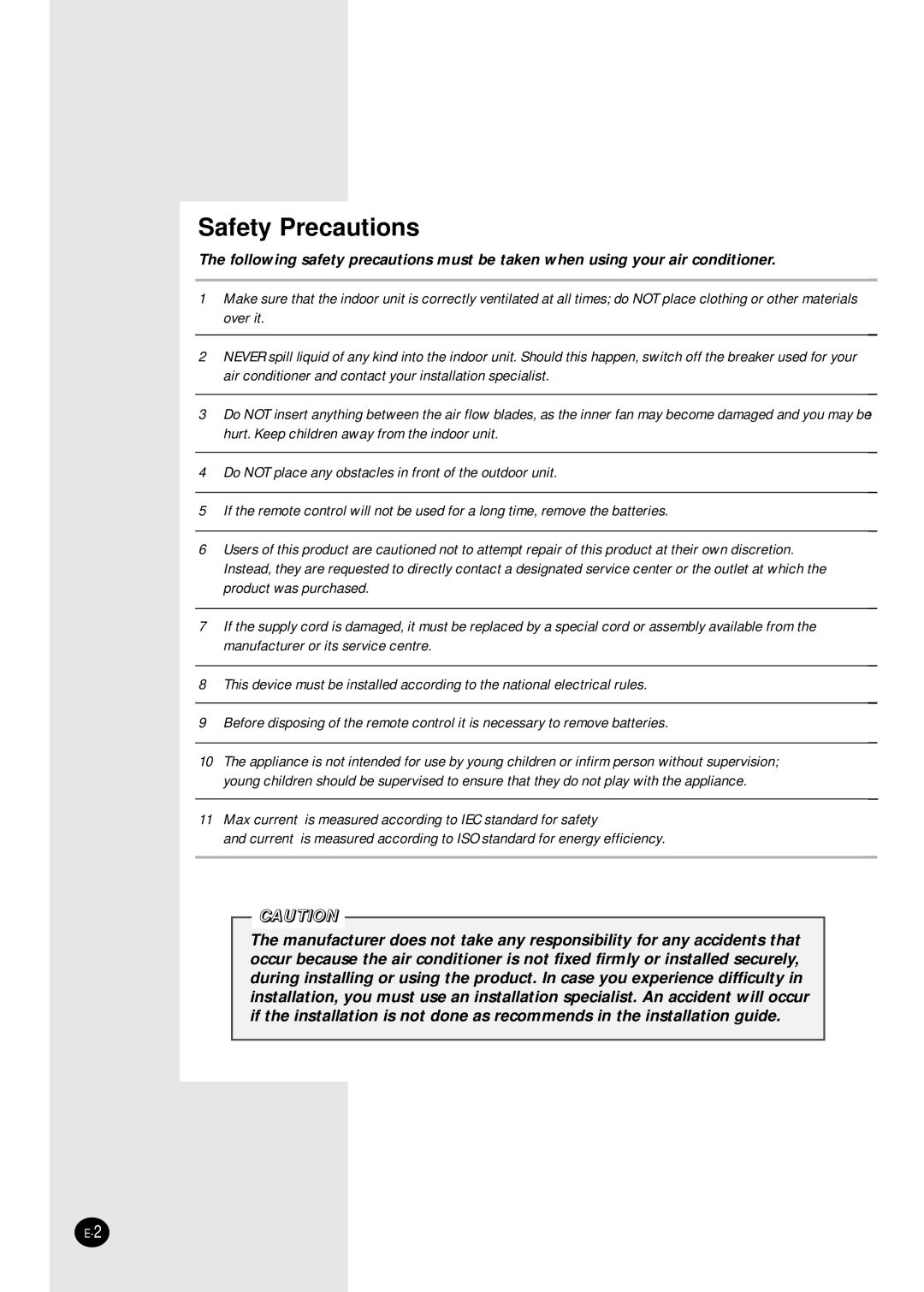 Samsung AQ12A2MD, UQ12A2MD, UQ09A2MD, AQ09A2MD manual Safety Precautions 