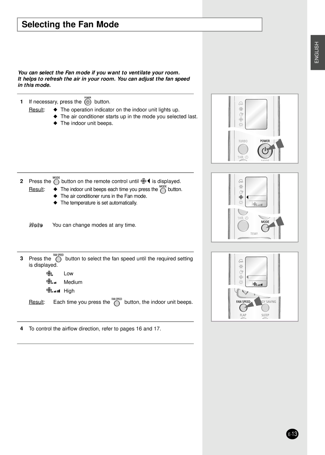 Samsung AQT18WJWB, UQT18WJWB, UQT24W6WE, UQT18WJWE, UQT24W6WB, AQT18WJWE, AQT24W6WB, AQT24W6WE user manual Selecting the Fan Mode 