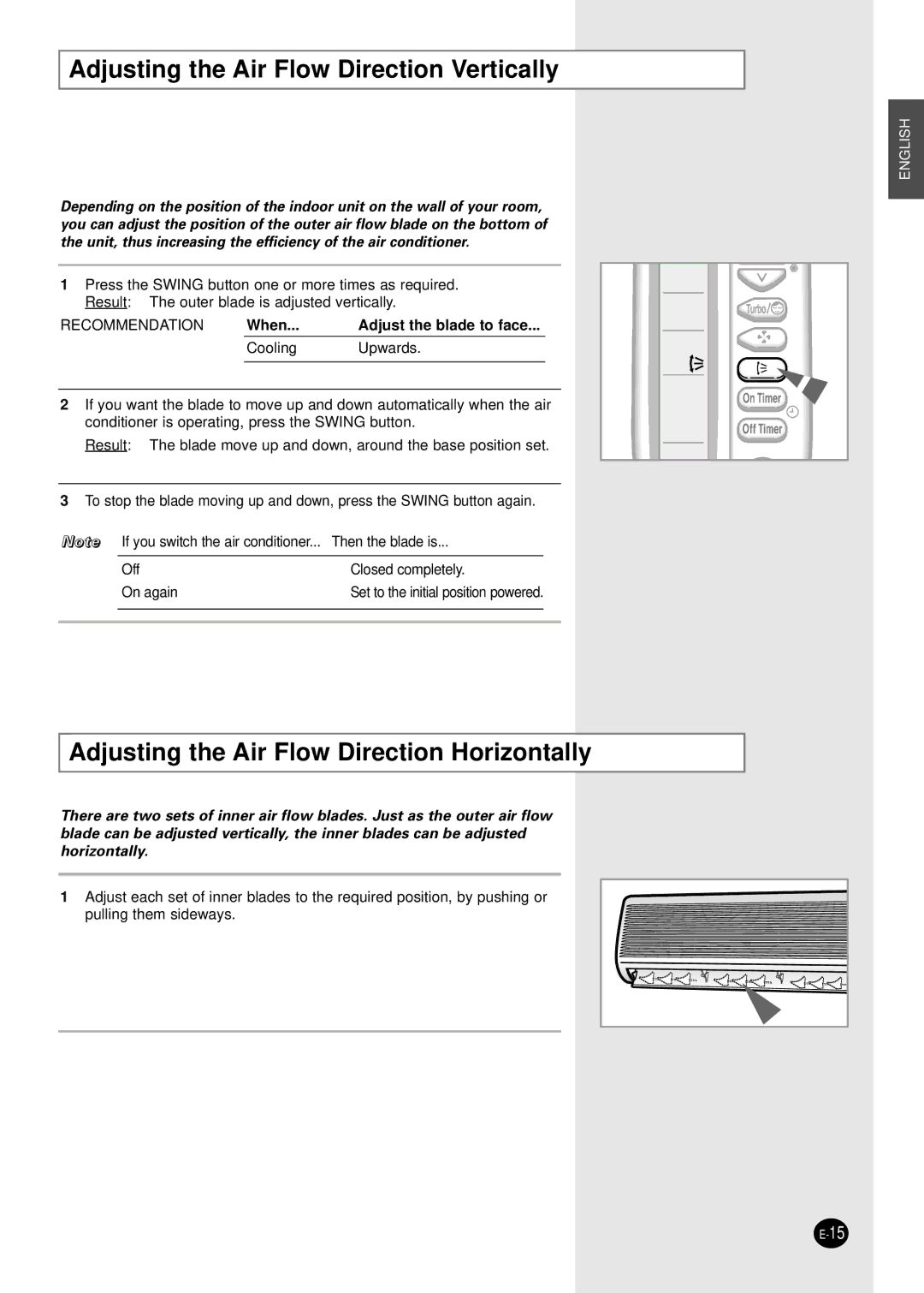 Samsung US12A5(A6)MC Adjusting the Air Flow Direction Vertically, Adjusting the Air Flow Direction Horizontally 