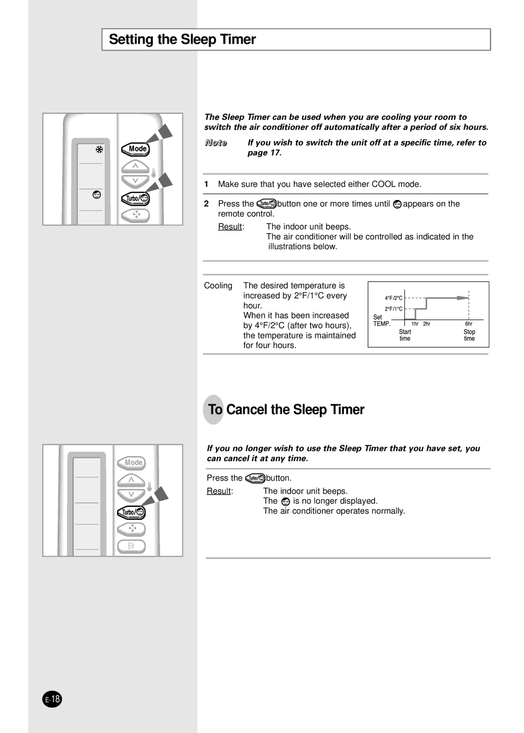 Samsung US09A5(A6)MA, US12AA(AB)MC, US12A5(A6)MC, US18A5(A6)RC Setting the Sleep Timer, To Cancel the Sleep Timer 