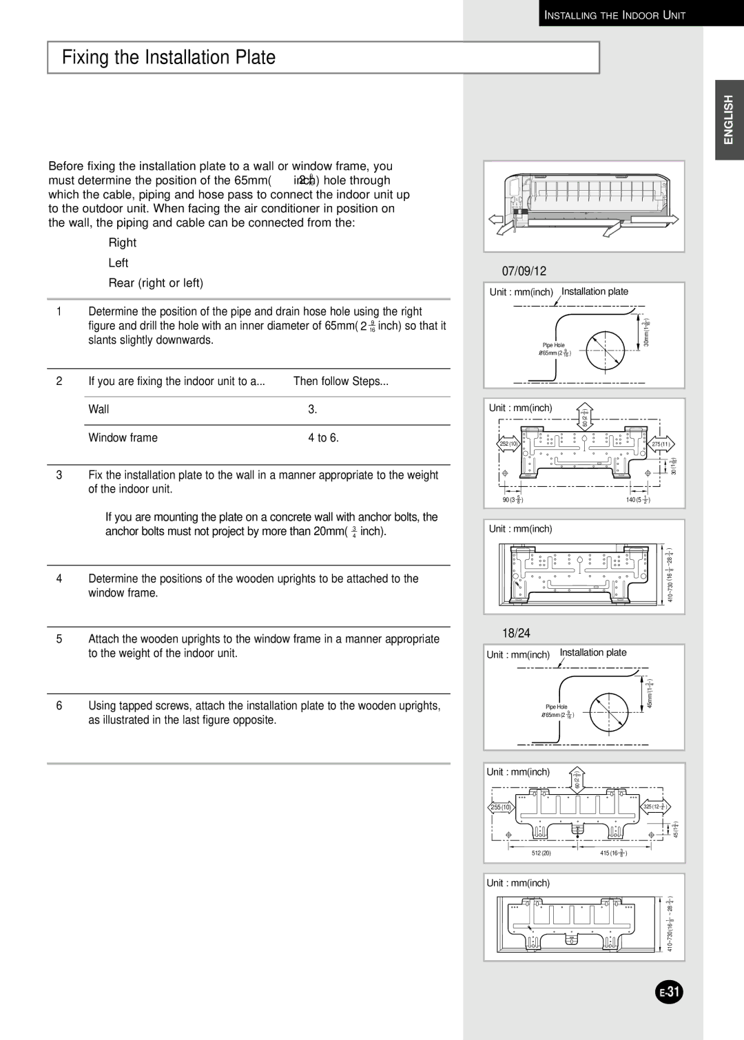 Samsung US18A9(A0)RCD, US12AA(AB)MC, US12A5(A6)MC Fixing the Installation Plate, Then follow Steps, Wall Window frame 