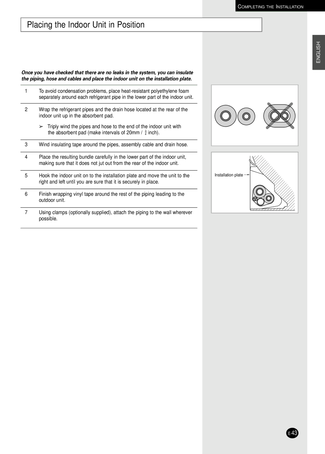 Samsung US12A5(A6)MC, US12AA(AB)MC, US18A5(A6)RC, US18A9(A0)RCD, US09A5(A6)MA Placing the Indoor Unit in Position 