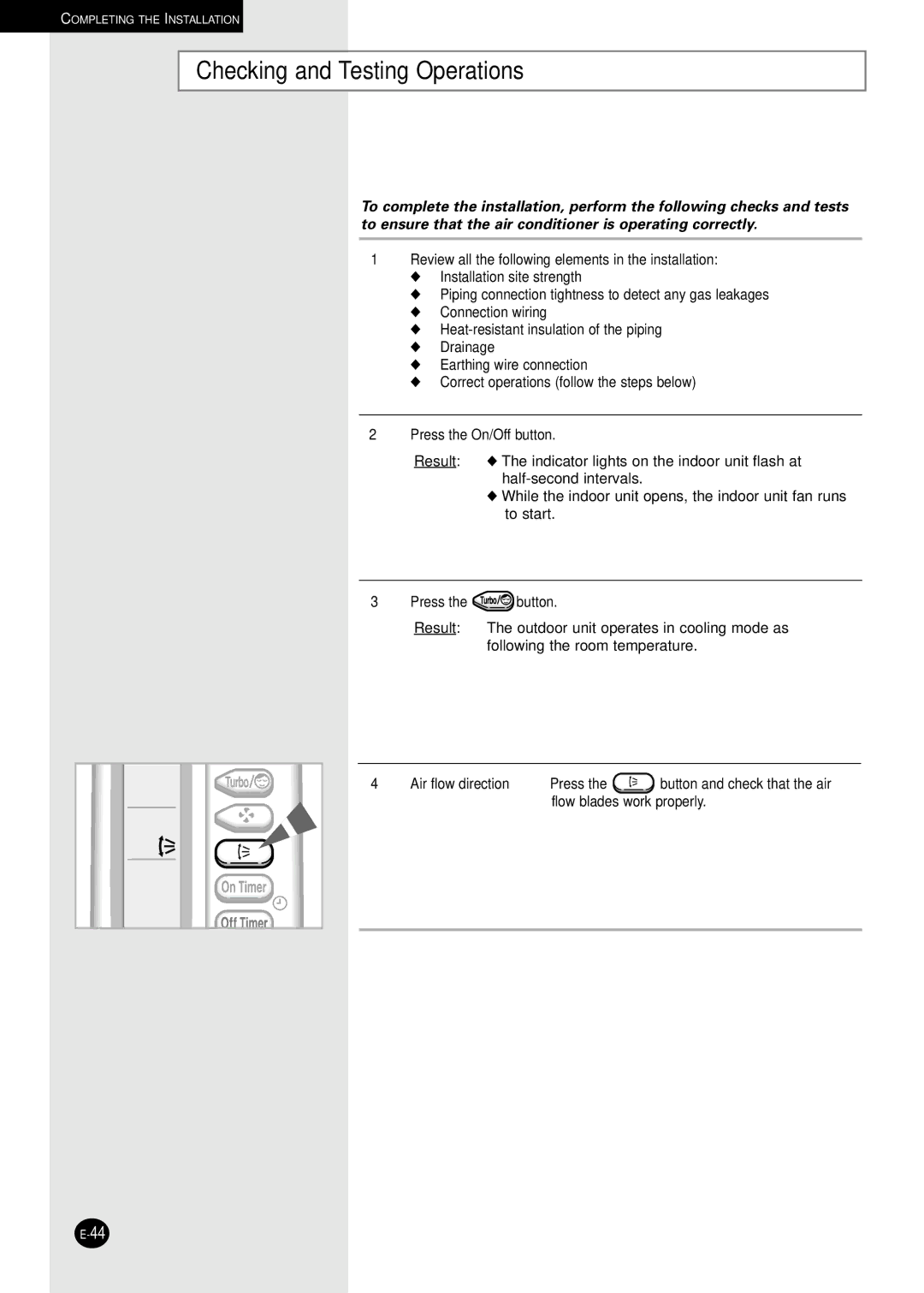 Samsung US18A5(A6)RC, US12AA(AB)MC, US12A5(A6)MC, US18A9(A0)RCD, US09A5(A6)MA, US24A1(A2)RC Checking and Testing Operations 