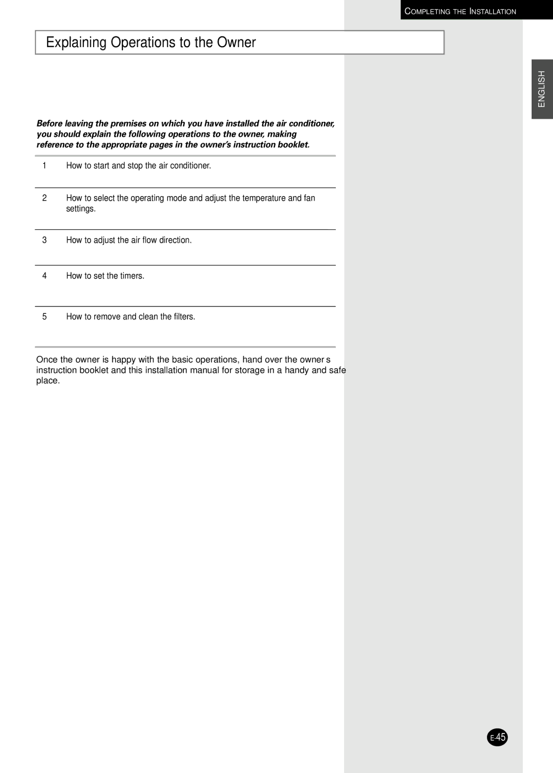 Samsung US18A9(A0)RCD, US12AA(AB)MC, US12A5(A6)MC, US18A5(A6)RC, US09A5(A6)MA, US24A1(A2)RC Explaining Operations to the Owner 