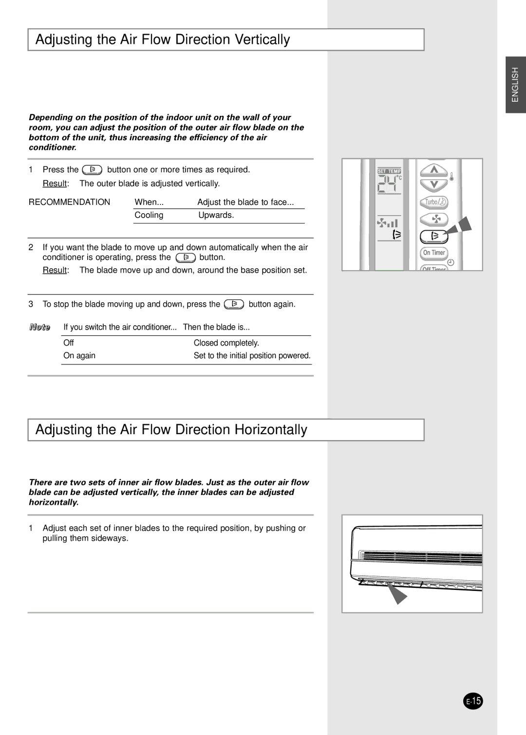 Samsung US12SGGB, US12SGGE Adjusting the Air Flow Direction Vertically, Adjusting the Air Flow Direction Horizontally 