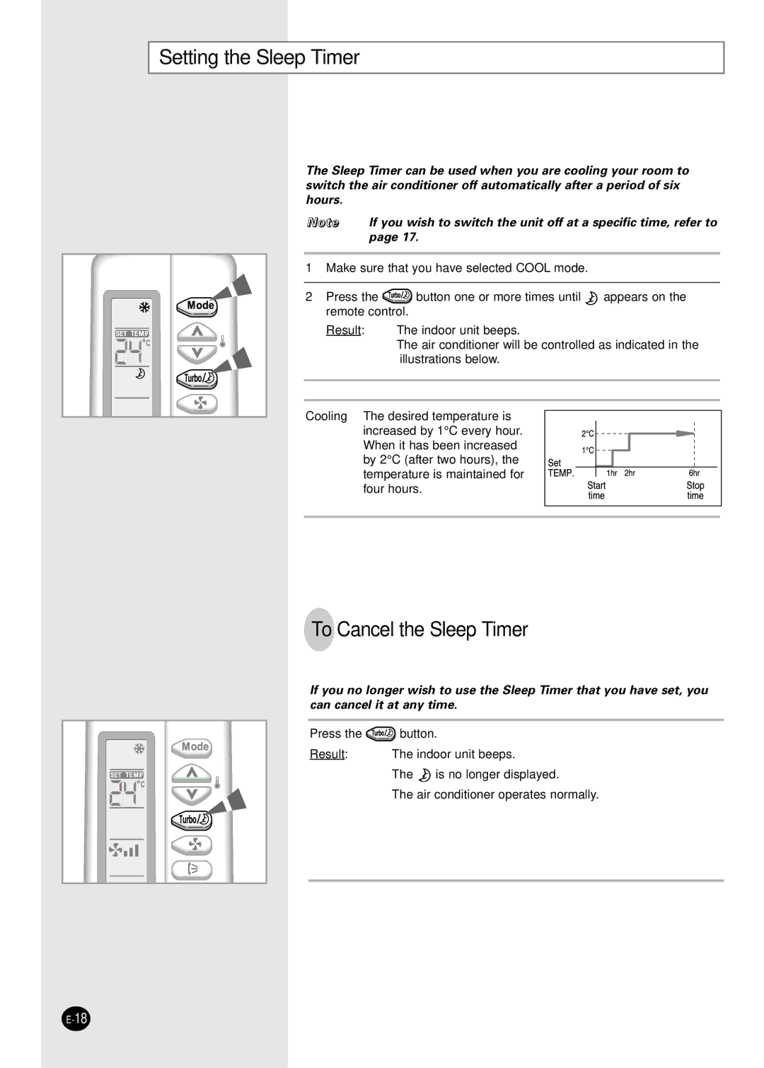 Samsung US12SBGE, US12SGGE, US09S8GB, US09SBGE, US12SGGB, US09S8GE, US18S0GB Setting the Sleep Timer, To Cancel the Sleep Timer 