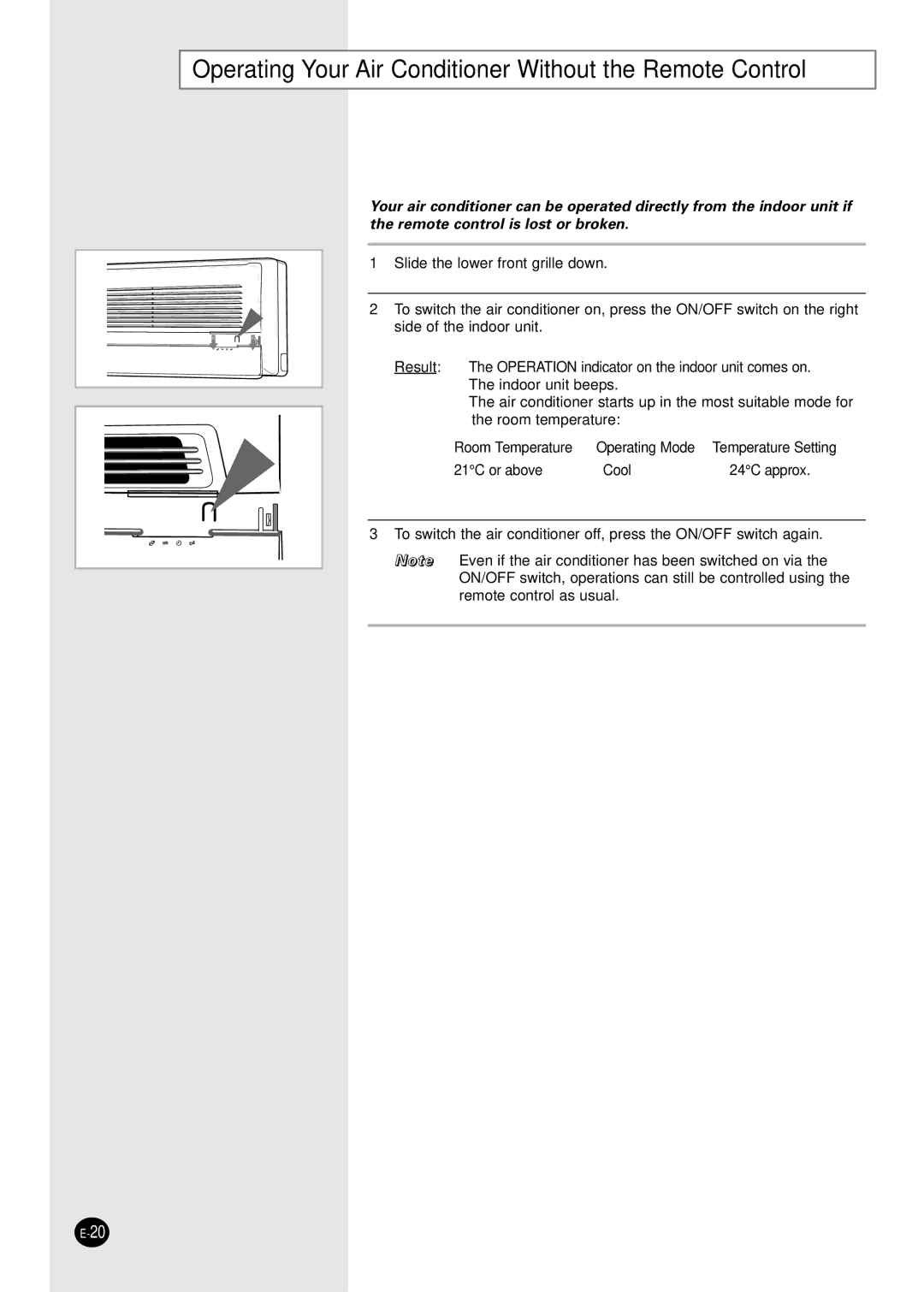 Samsung US07SBGE, US12SGGE Operating Your Air Conditioner Without the Remote Control, Room Temperature Operating Mode 