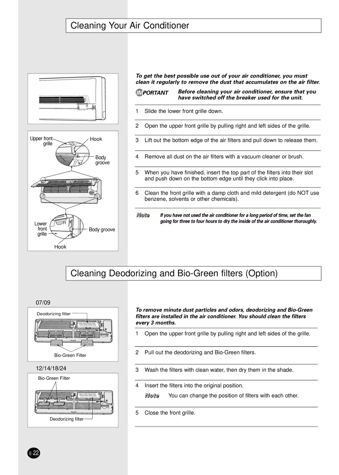 Samsung US07S8GB, US12SGGE, US09S8GB, US18S Cleaning Your Air Conditioner, Cleaning Deodorizing and Bio-Green filters Option 