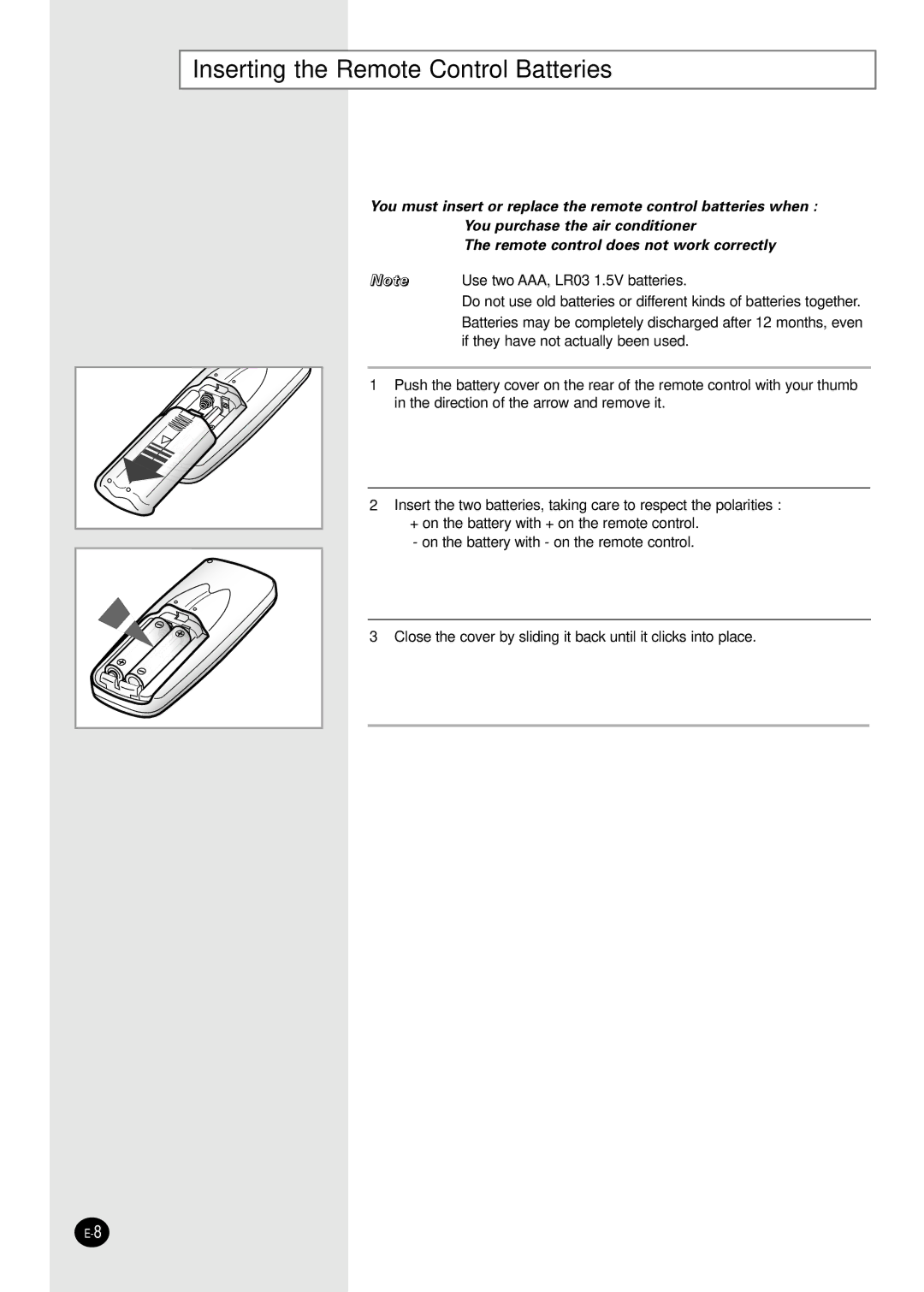 Samsung US07SBGE, US12SGGE, US09S8GB, US09SBGE, US12SGGB, US09S8GE, US18S0GB, US12SBGE Inserting the Remote Control Batteries 