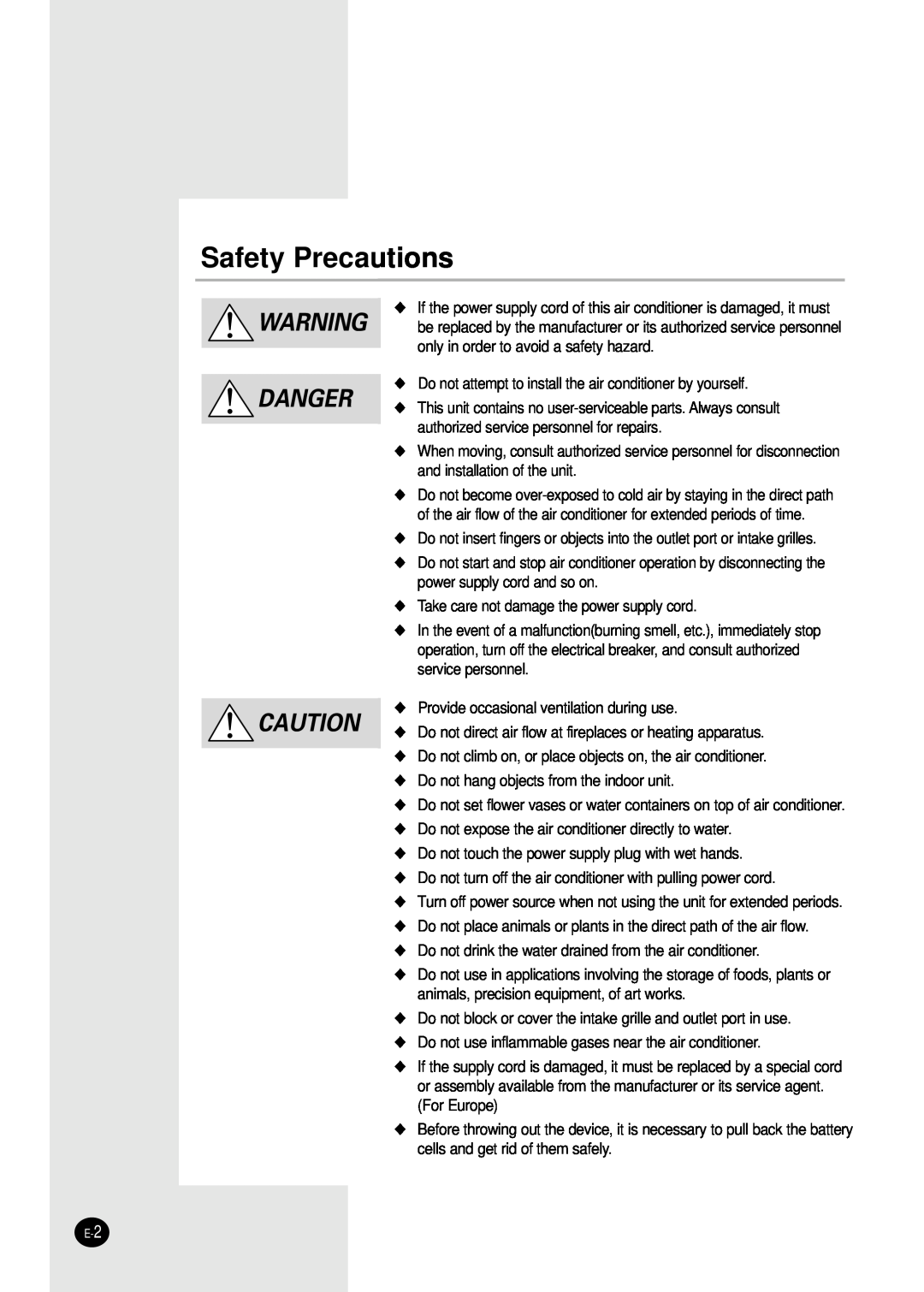 Samsung US09SBGE, US12SGGE, US09S8GB, US12SGGB, US09S8GE, US18S0GB, US12SBGE, US14SGGB, US07SBGE Safety Precautions, Danger 