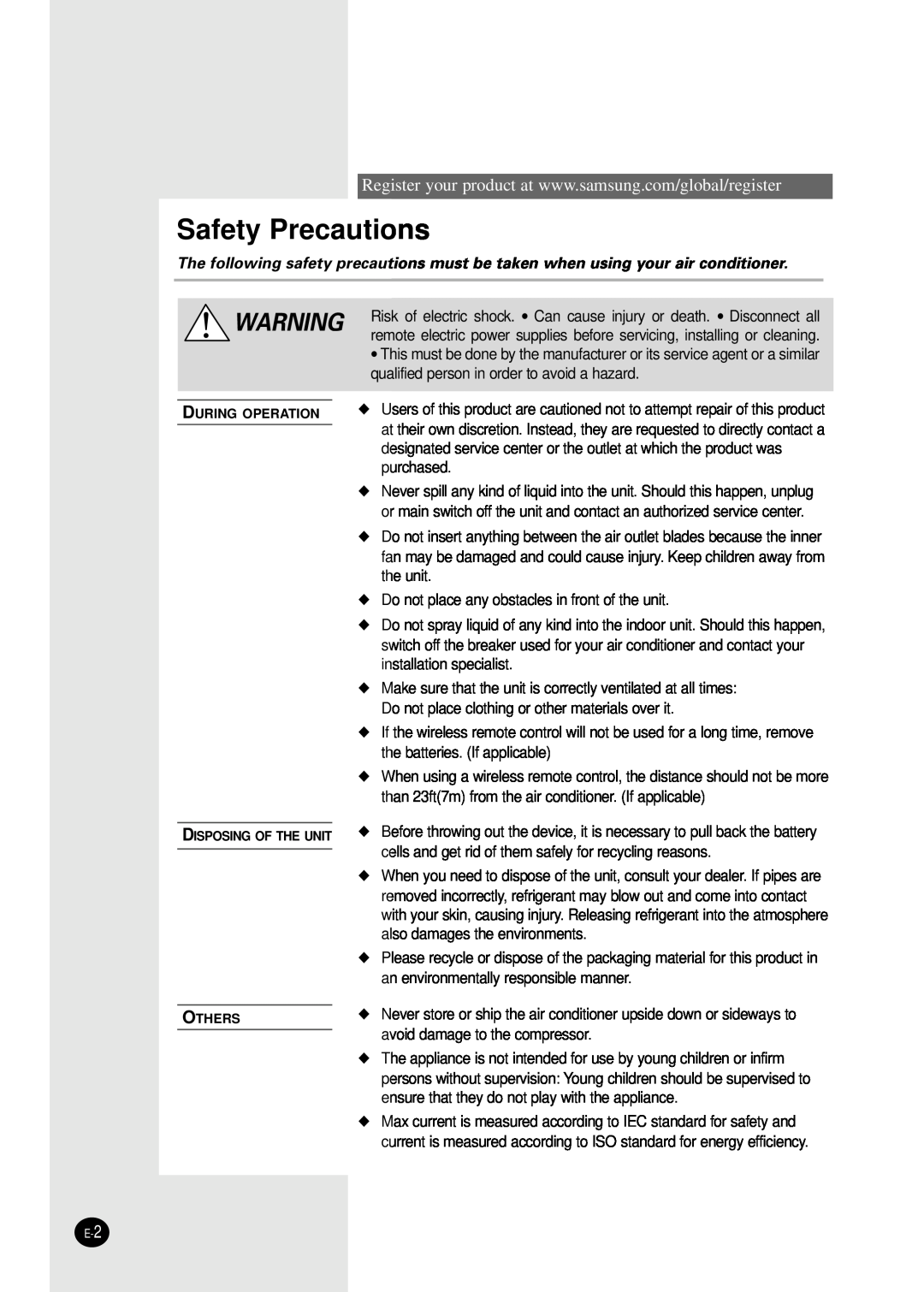 Samsung AS24A1(2)RCD, US24A1(2)RCD, US18A9(0)RCFD, AS18A9(0)RCFD manuel dutilisation Safety Precautions 