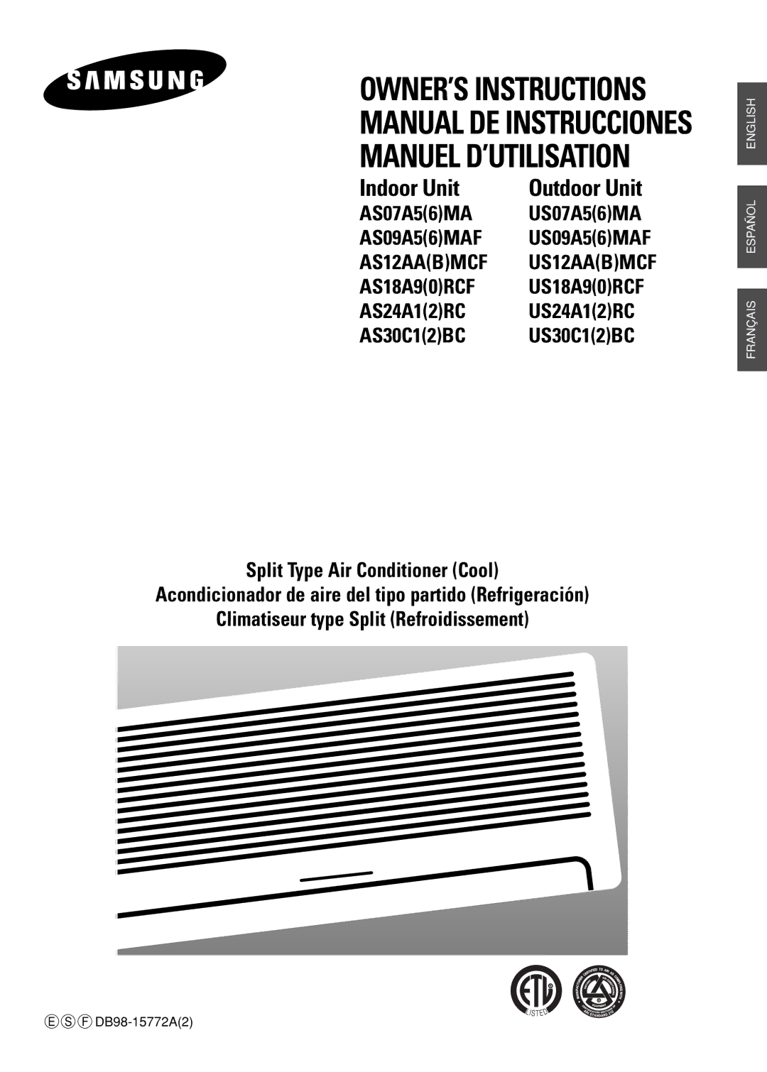 Samsung US24A1(2)RC, US30C1(2)BC, US07A5(6)MA, US12AA(B)MCF, US18A9(0)RCF, US09A5(6)MAF manuel dutilisation Indoor Unit 