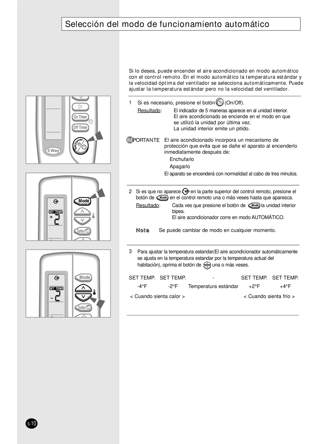 Samsung AS18A9(0)RCF, US30C1(2)BC, US24A1(2)RC, US07A5(6)MA Selección del modo de funcionamiento automático, Nota 