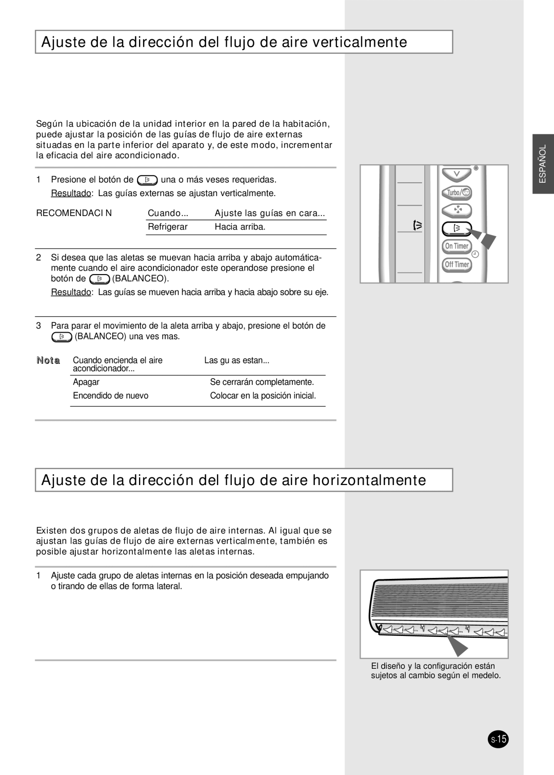 Samsung US12AA(B)MCF, US30C1(2)BC, US24A1(2)RC, US07A5(6)MA Ajuste de la dirección del flujo de aire verticalmente 