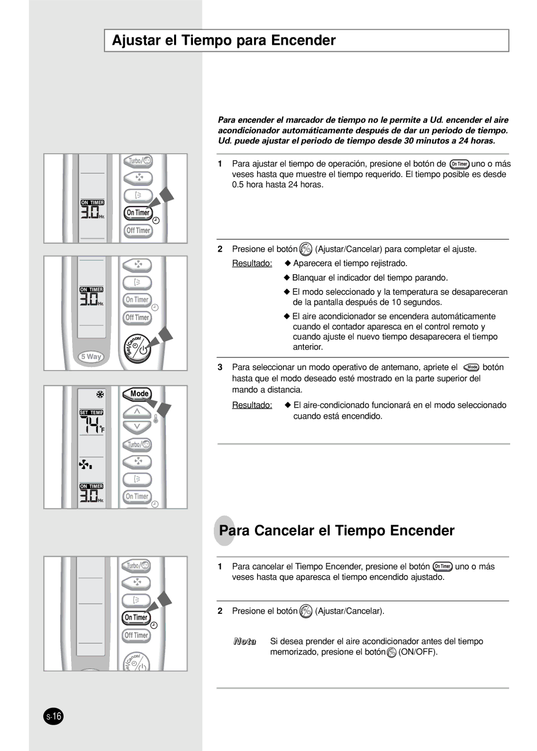 Samsung US18A9(0)RCF, US30C1(2)BC, US24A1(2)RC Ajustar el Tiempo para Encender, Para Cancelar el Tiempo Encender 