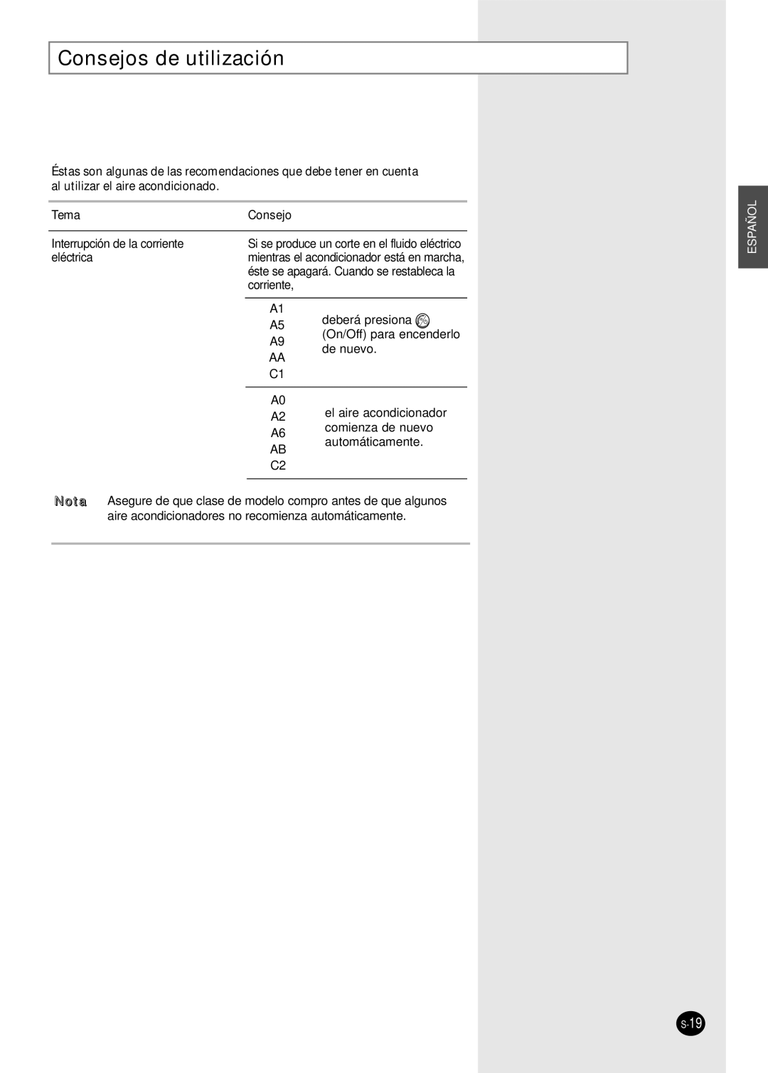 Samsung AS07A5(6)MA, US30C1(2)BC, US24A1(2)RC, US07A5(6)MA, US12AA(B)MCF, US18A9(0)RCF Consejos de utilización, Tema Consejo 