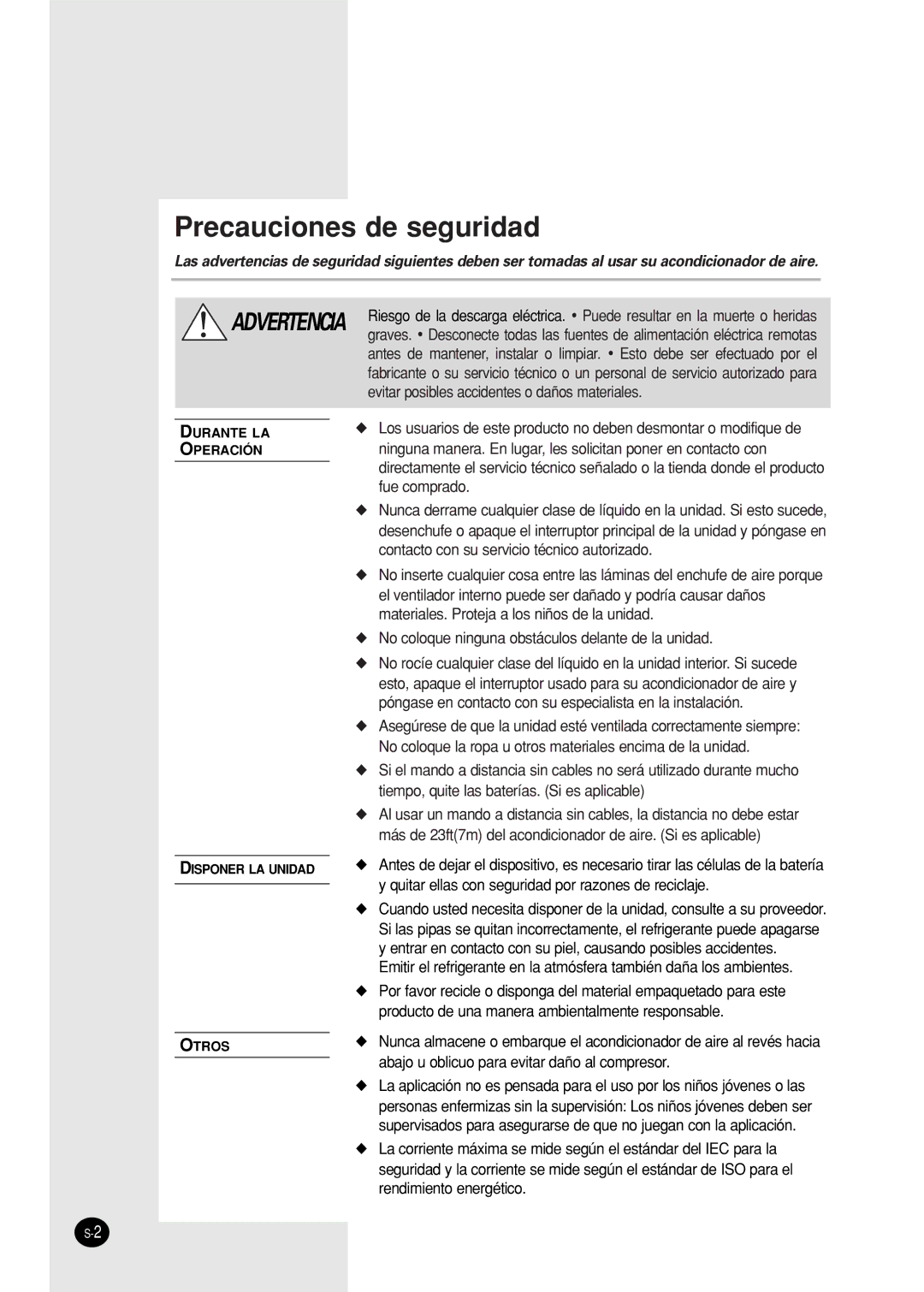 Samsung US07A5(6)MA, US30C1(2)BC, US24A1(2)RC, US12AA(B)MCF, US18A9(0)RCF, US09A5(6)MAF, AS09A5(6)MAF Precauciones de seguridad 