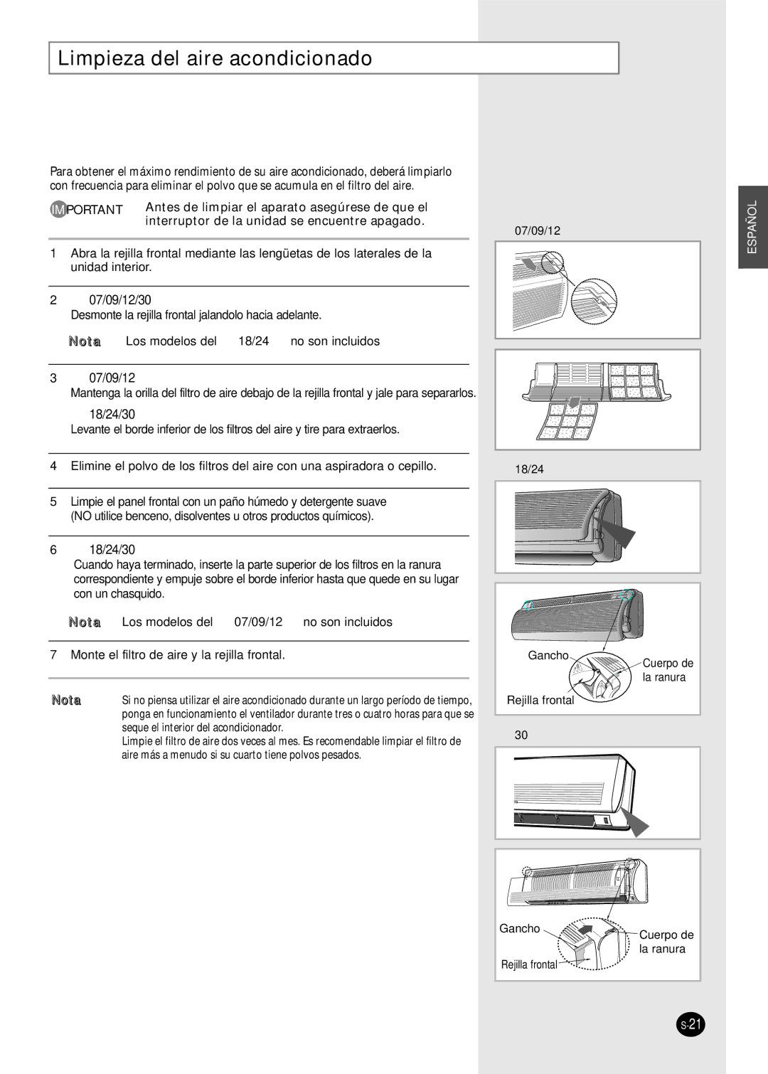 Samsung AS24A1(2)RC, US30C1(2)BC, US24A1(2)RC, US07A5(6)MA, US12AA(B)MCF Limpieza del aire acondicionado, 07/09/12/30 