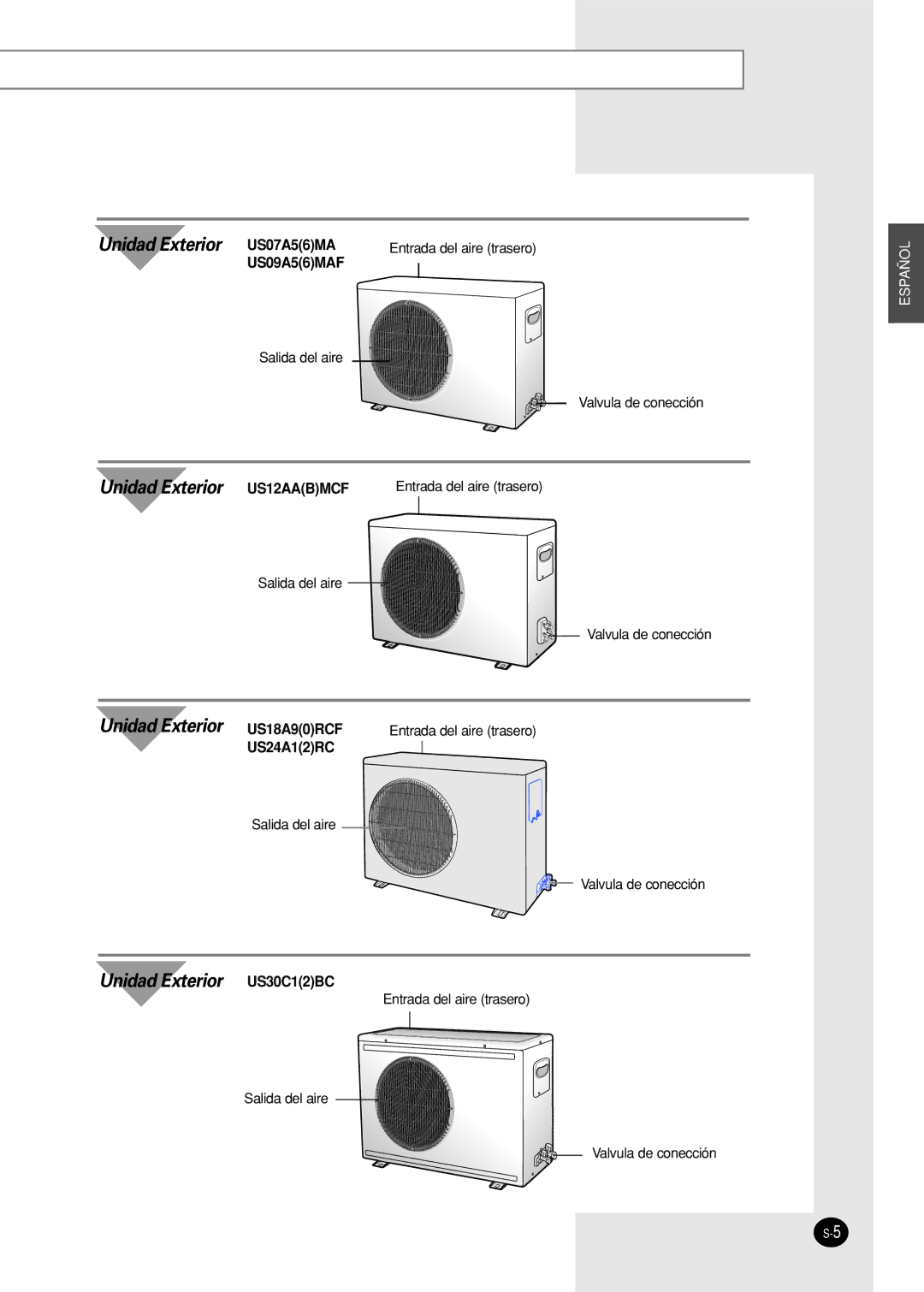 Samsung US09A5(6)MAF, US30C1(2)BC, US24A1(2)RC, US07A5(6)MA, US12AA(B)MCF, US18A9(0)RCF, AS09A5(6)MAF Unidad Exterior US07A56MA 