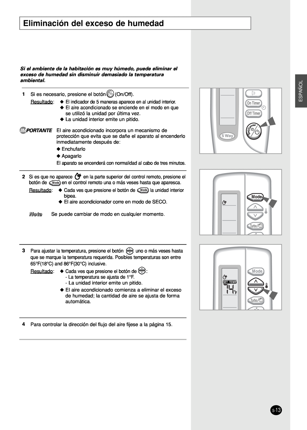 Samsung US24A1(2)RC, US30C1(2)BC, US07A5(6)MA, US12AA(B)MCF, US18A9(0)RCF Eliminación del exceso de humedad, Español 