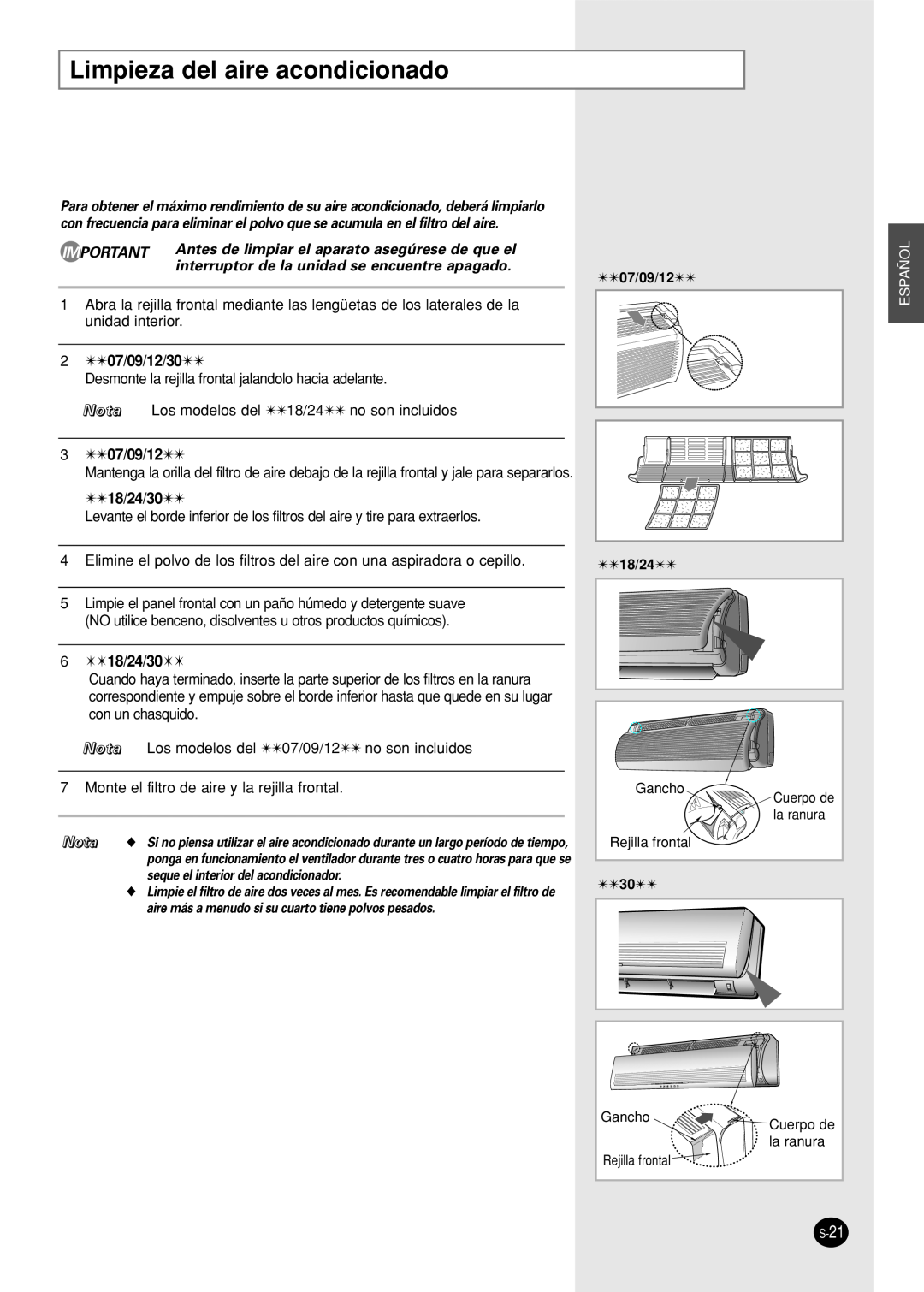 Samsung AS24A1(2)RC 207/09/12/30, 307/09/12, 618/24/30, Antes de limpiar el aparato asegúrese de que el, Nota, Español 