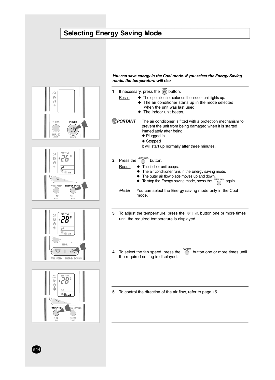 Samsung USK09WHWD2/XSV, USP09WHWD2/XSV, ASK12WZWD/XSV, USP12SZWD2/XSV, USP12WZWD2/XSV manual Selecting Energy Saving Mode 