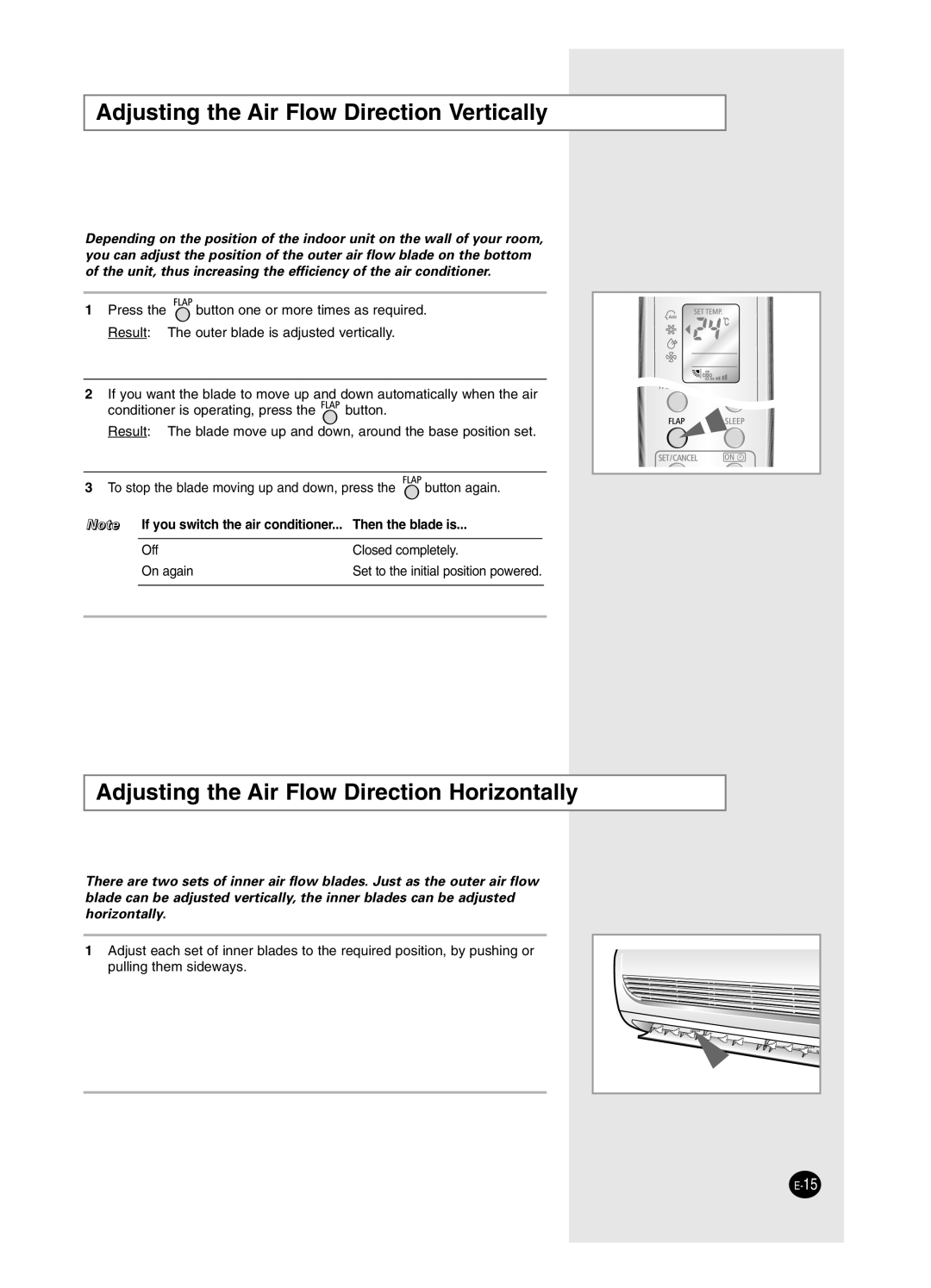 Samsung USP12SZWD2/XSV manual Adjusting the Air Flow Direction Vertically, Adjusting the Air Flow Direction Horizontally 