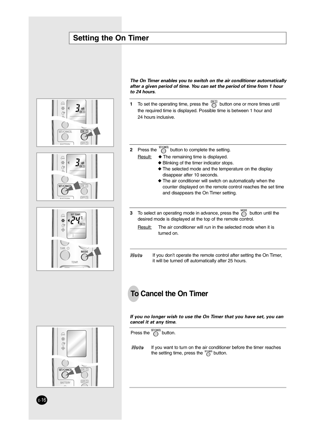 Samsung USP12WZWD2/XSV, USP09WHWD2/XSV, ASK12WZWD/XSV, USK09WHWD2/XSV manual Setting the On Timer, To Cancel the On Timer 