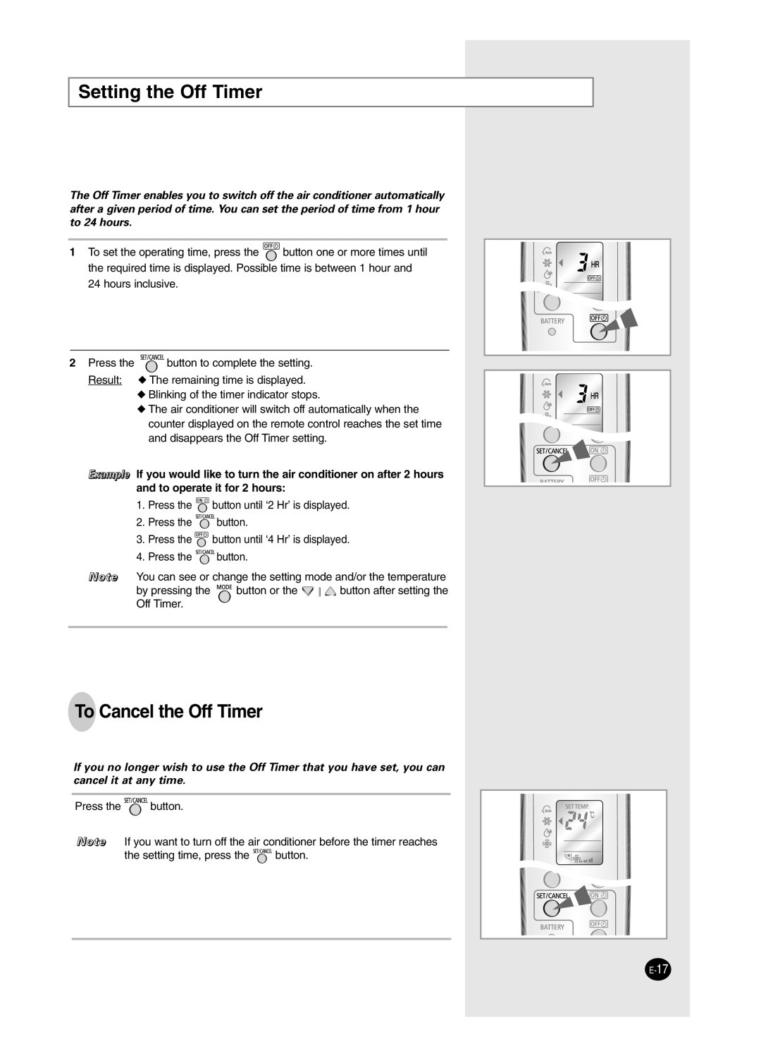 Samsung ASP09SHWD/XSV, USP09WHWD2/XSV, ASK12WZWD/XSV, USK09WHWD2/XSV manual Setting the Off Timer, To Cancel the Off Timer 