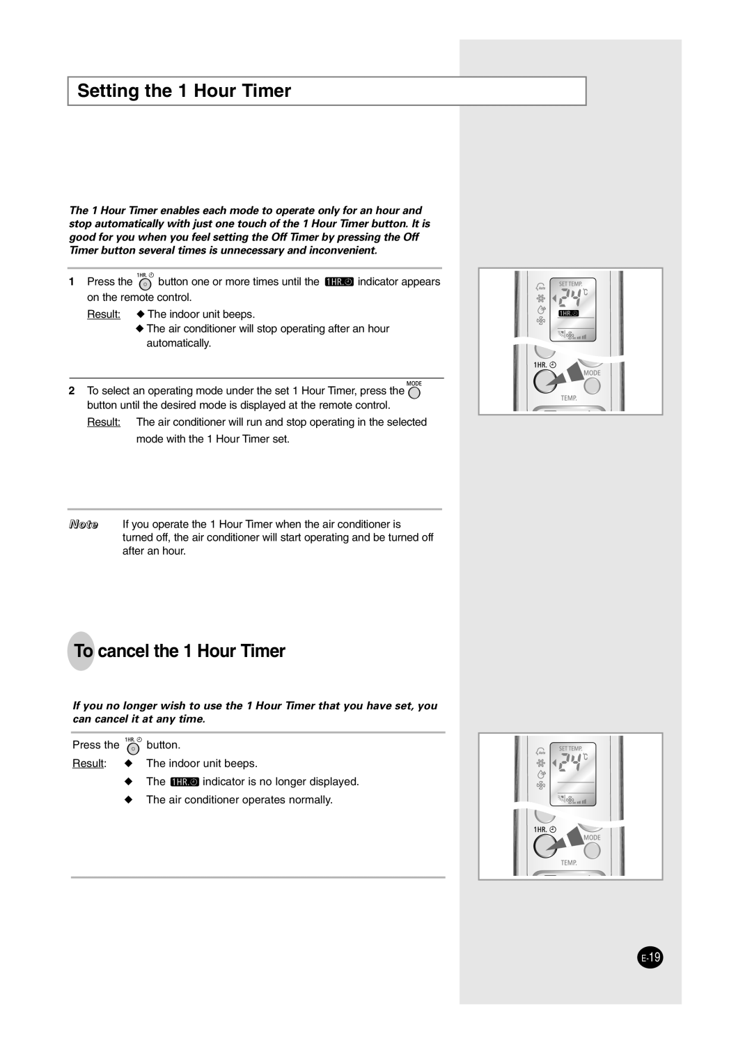 Samsung ASP12SZWD/XSV, USP09WHWD2/XSV, ASK12WZWD/XSV, USK09WHWD2/XSV Setting the 1 Hour Timer, To cancel the 1 Hour Timer 