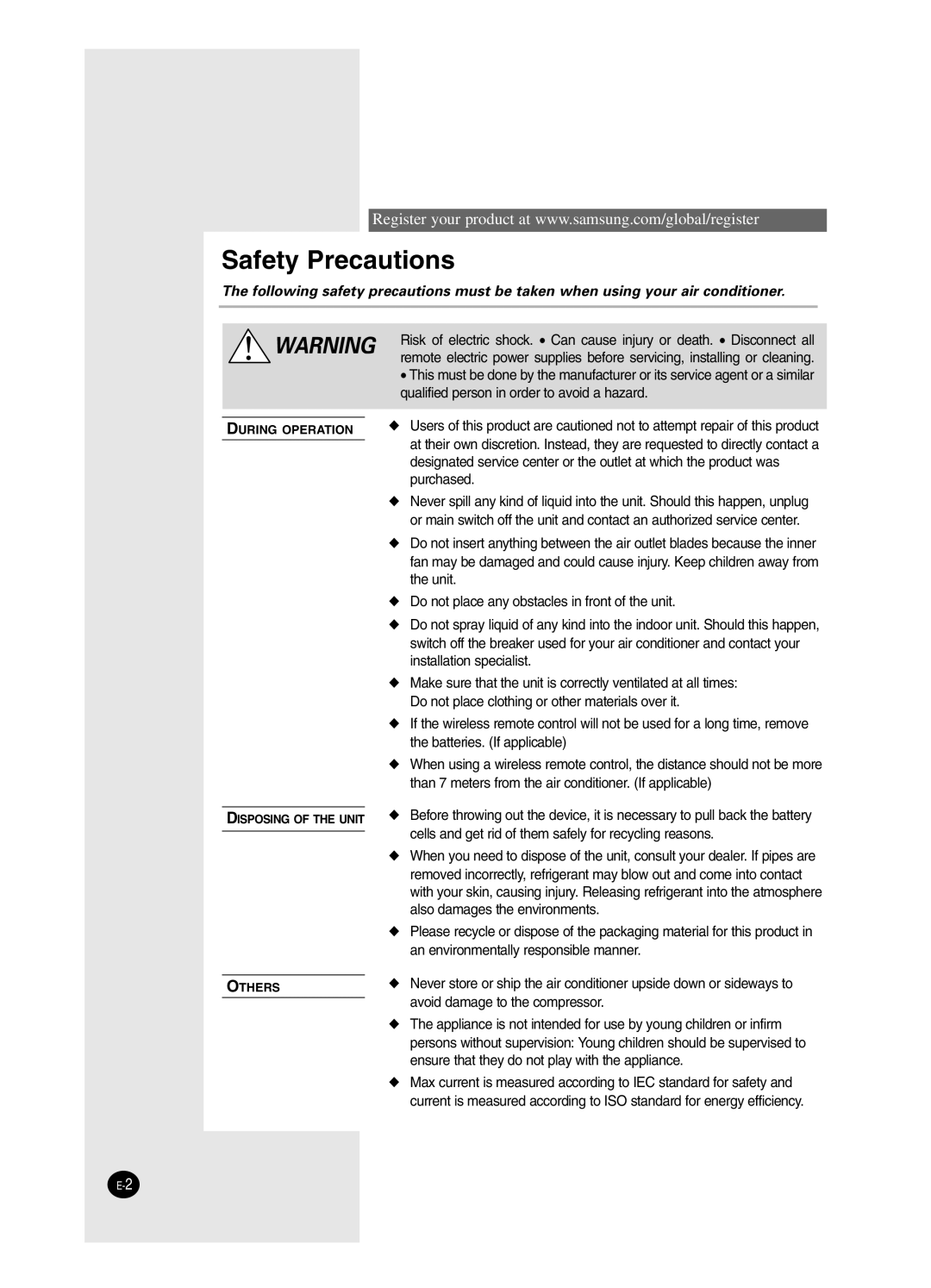 Samsung USK09WHWD2/XSV, USP09WHWD2/XSV, ASK12WZWD/XSV, USP12SZWD2/XSV, USP12WZWD2/XSV, ASP09SHWD/XSV manual Safety Precautions 