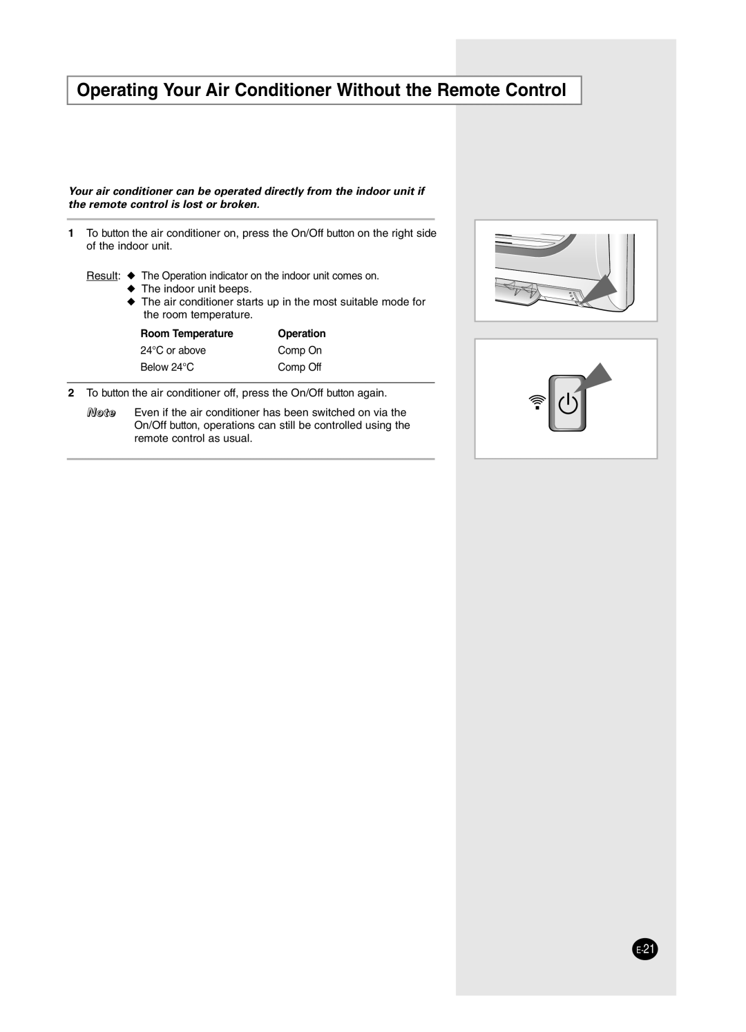 Samsung ASK09WHWD/XSV, USP09WHWD2/XSV manual Operating Your Air Conditioner Without the Remote Control, Room Temperature 