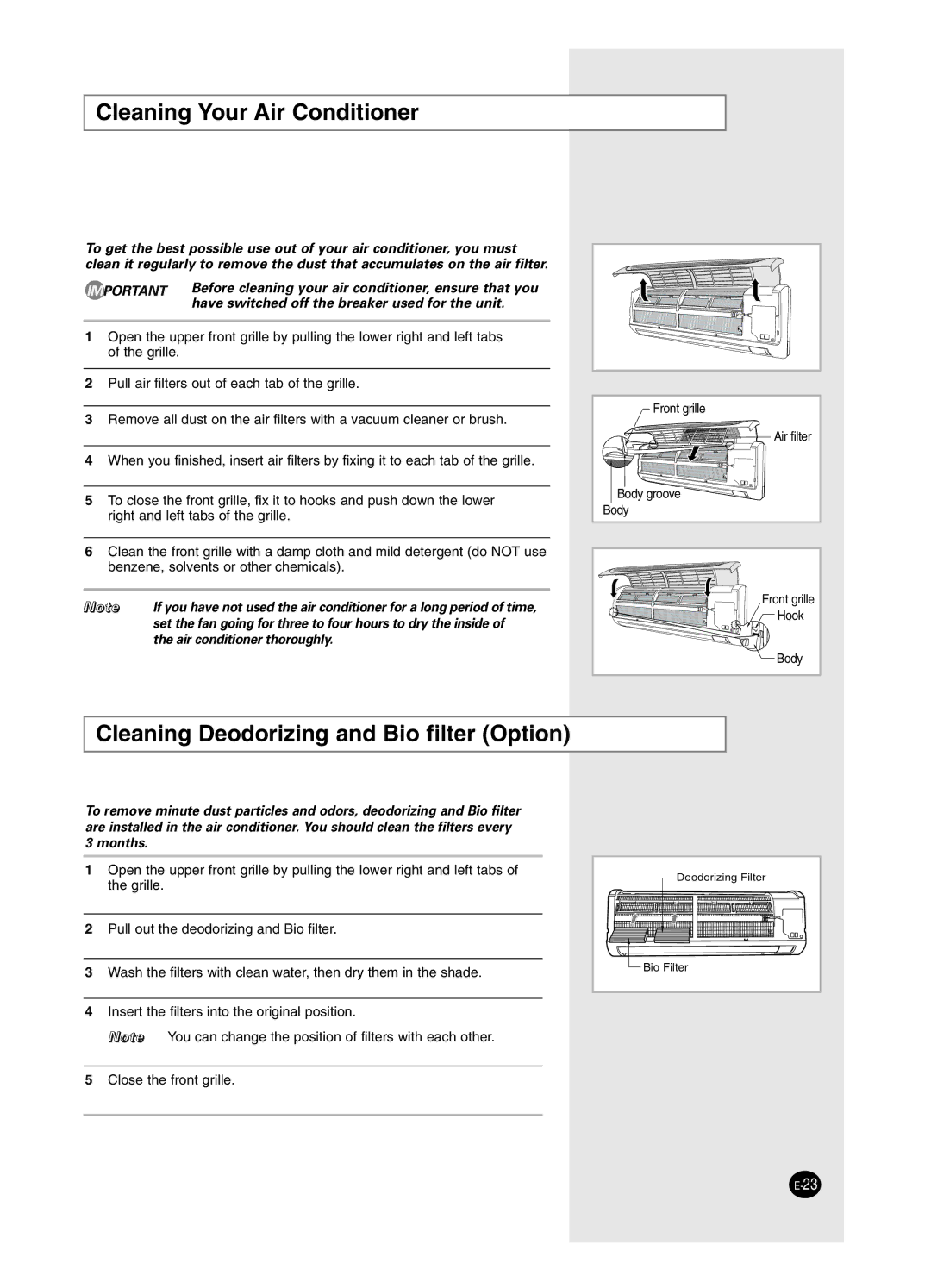 Samsung ASP12WZWD/XSV, USP09WHWD2/XSV manual Cleaning Your Air Conditioner, Cleaning Deodorizing and Bio filter Option 