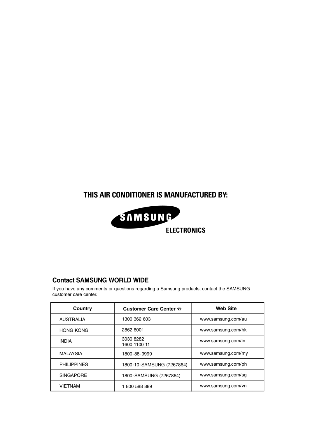 Samsung USP09WHWD2/XSV, ASK12WZWD/XSV, USK09WHWD2/XSV, USP12SZWD2/XSV, USP12WZWD2/XSV This AIR Conditioner is Manufactured by 