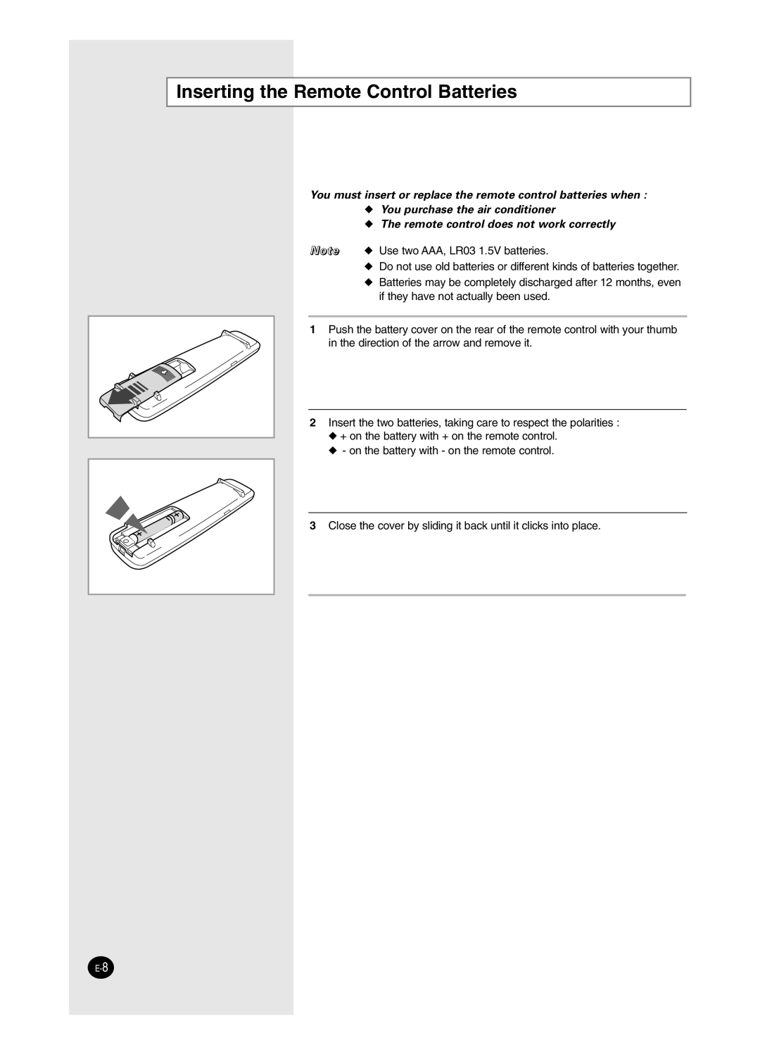 Samsung USK12WZWD2/XSV, USP09WHWD2/XSV, ASK12WZWD/XSV, USK09WHWD2/XSV, USP12SZWD2/XSV Inserting the Remote Control Batteries 